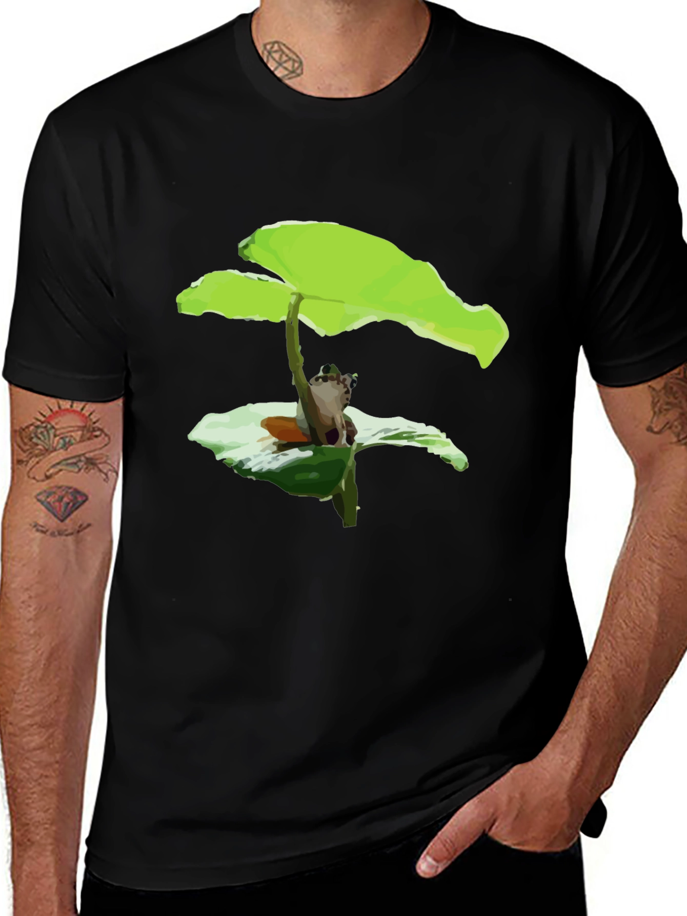 Variant 30 of Frog Under Leaf Graphic Tee - Black Cotton Shirt