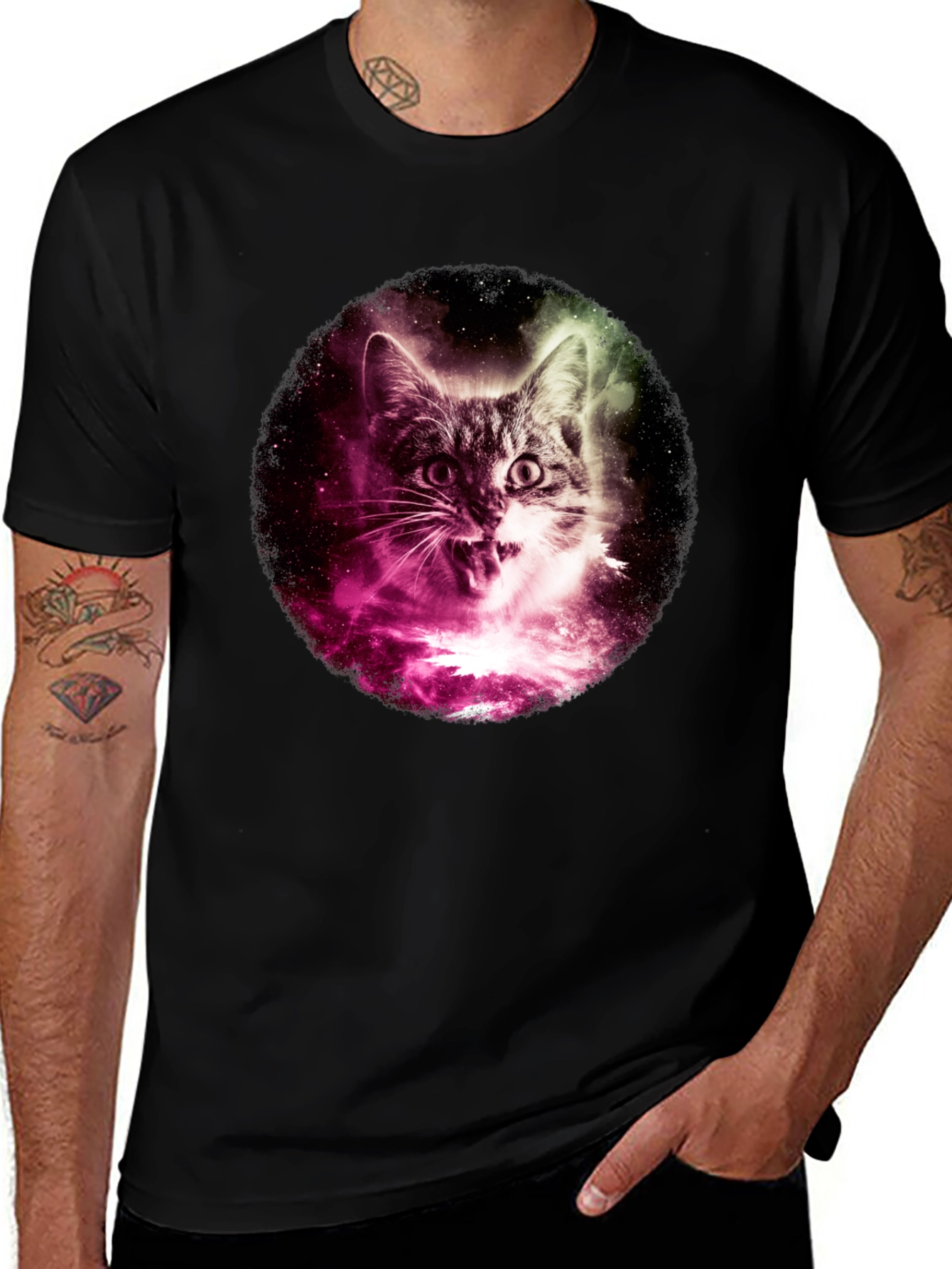 Variant 6 of Cosmic Cat Graphic Tee - Black Cotton Blend