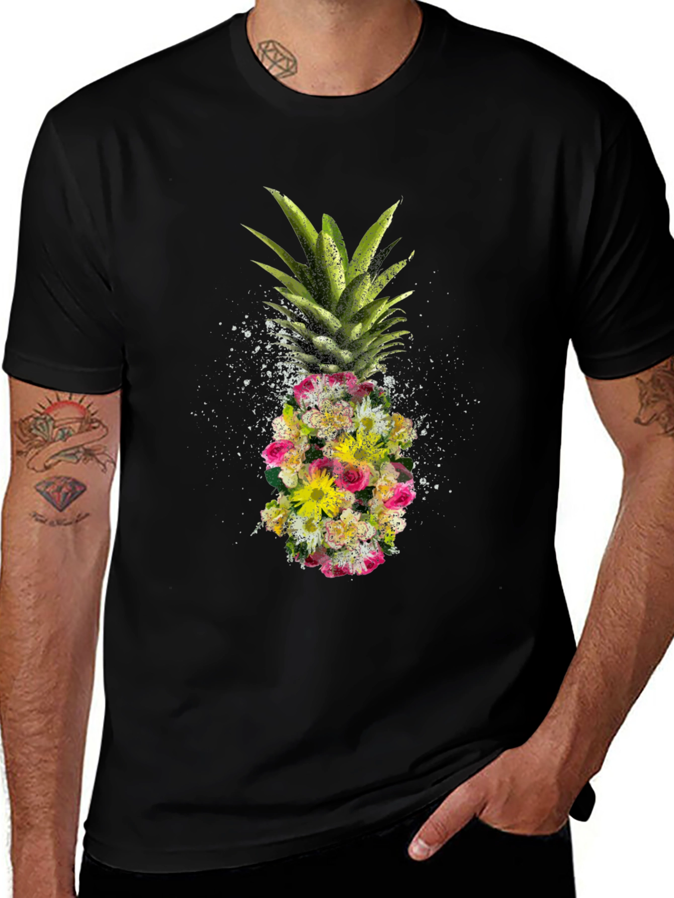 Floral Pineapple Graphic Black T-Shirt
