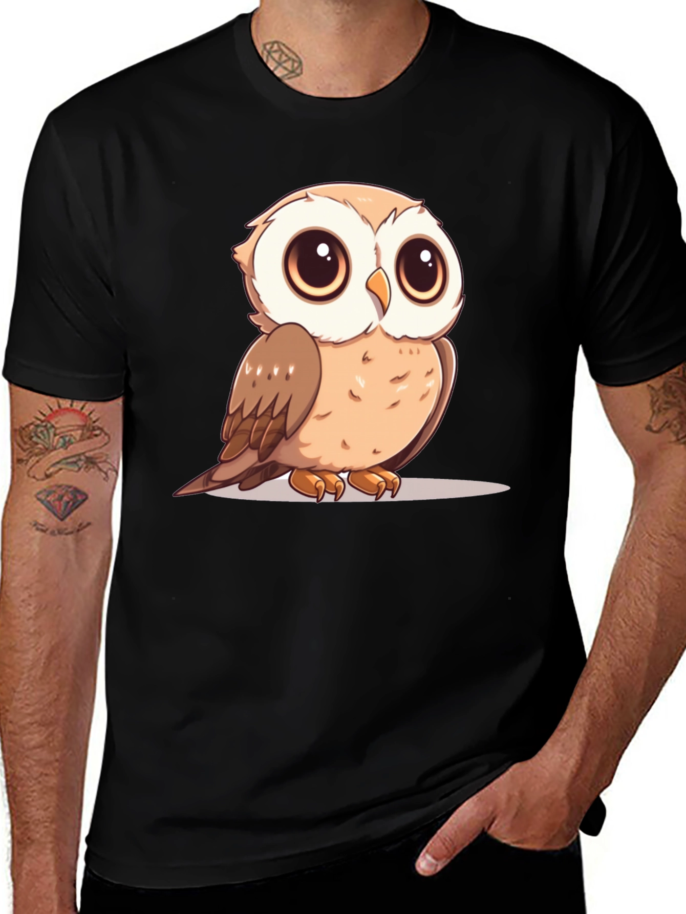 Variant 9 of Cute Owl Graphic T-Shirt - Men's Black Tee