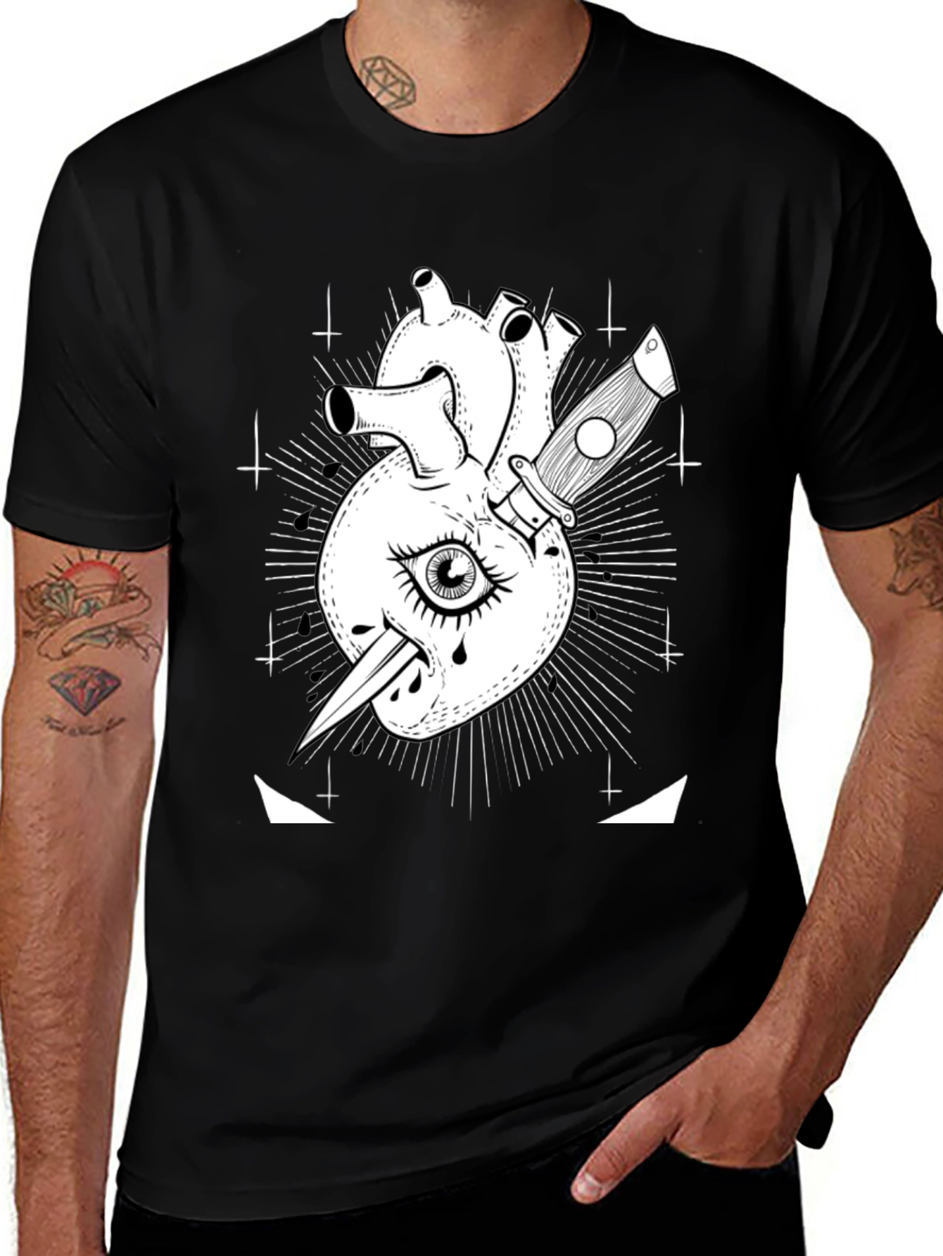 Variant 18 of Anatomical Heart & Dagger Graphic Tee - Black Cotton Blend
