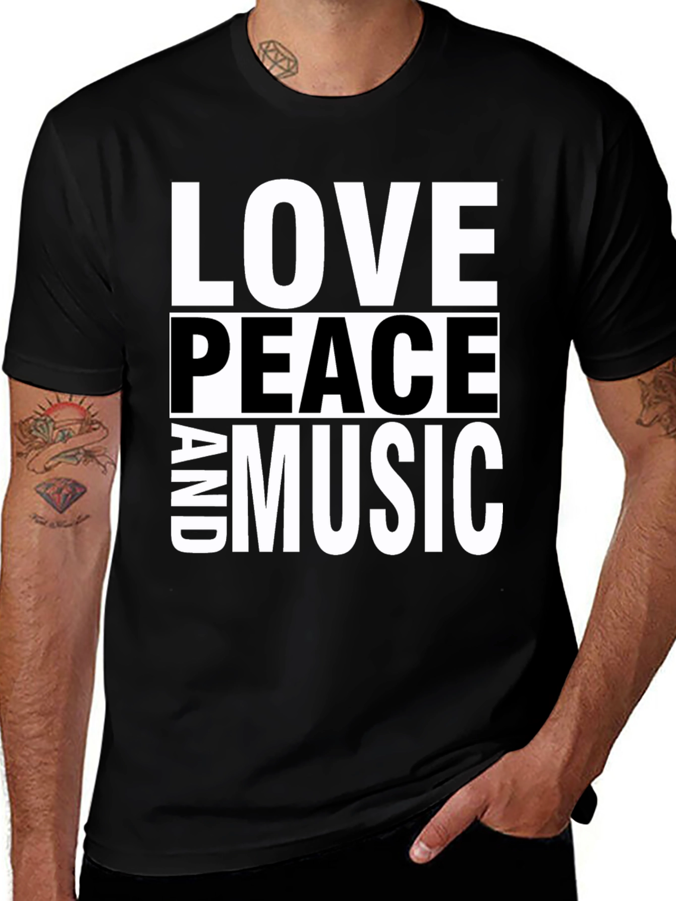 Variant 10 of Love Peace and Music Black Graphic T-Shirt
