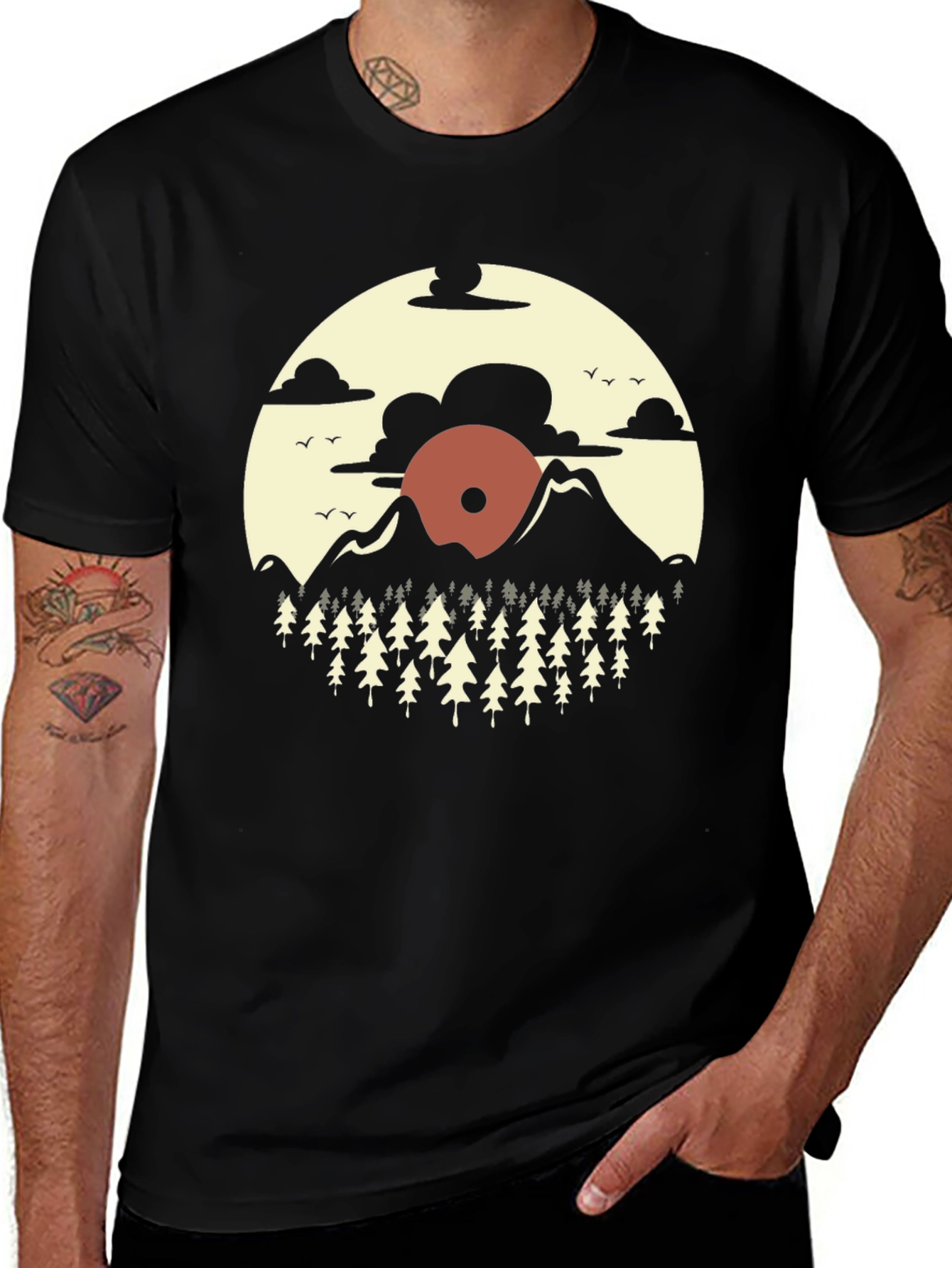 Variant 7 of Vinyl Record Mountain Graphic Tee - Stylish Black T-Shirt