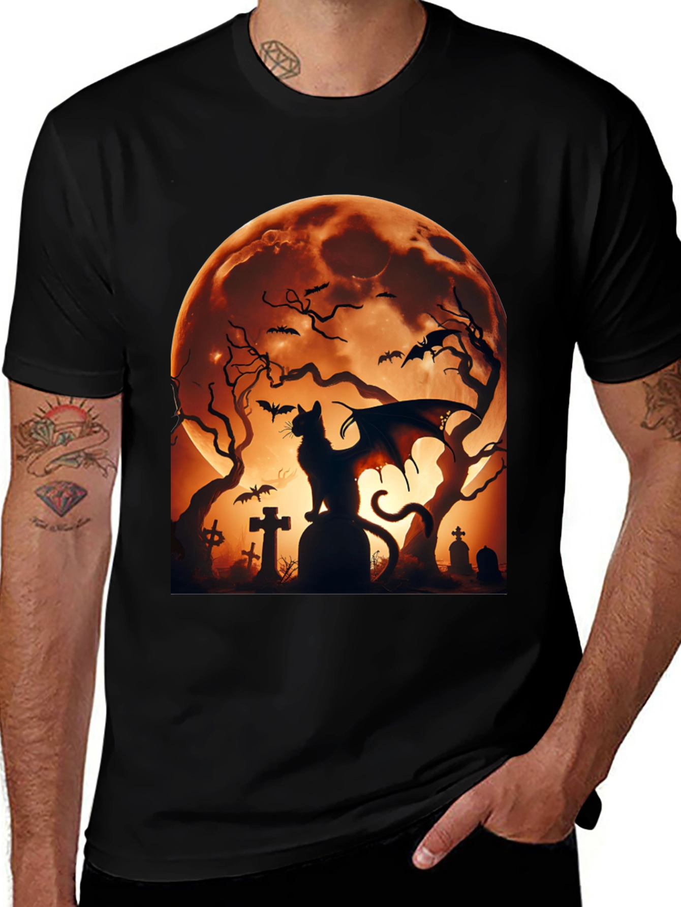 Halloween Cat Bat T-Shirt Spooky Graveyard Design