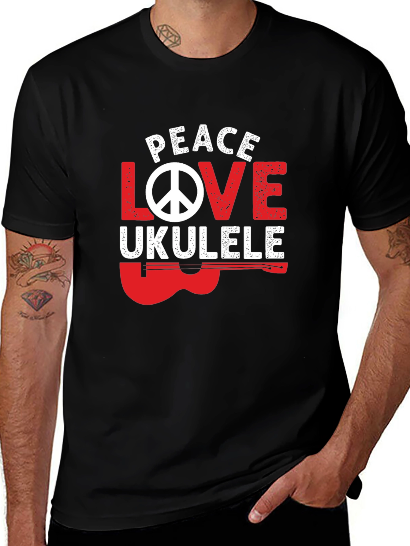 Black Peace Love Ukulele Graphic T-Shirt main image