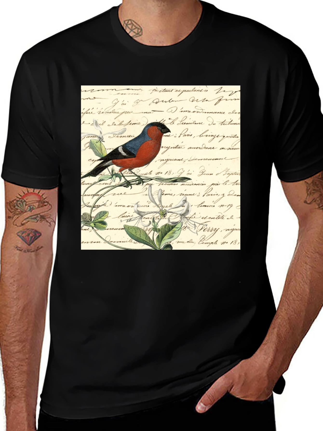 Variant 13 of Bird on French Script Black T-Shirt
