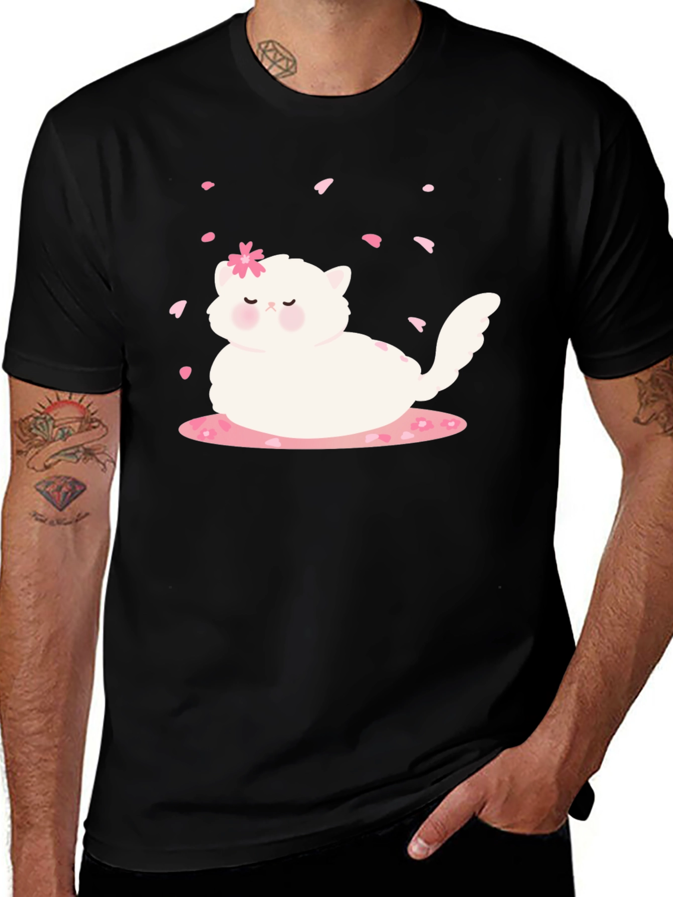 Variant 18 of Cute Cat & Cherry Blossom Black T-Shirt