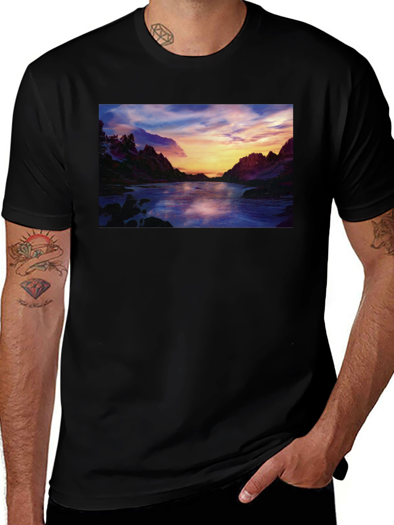 Variant 26 of Scenic Sunset River T-Shirt - Black