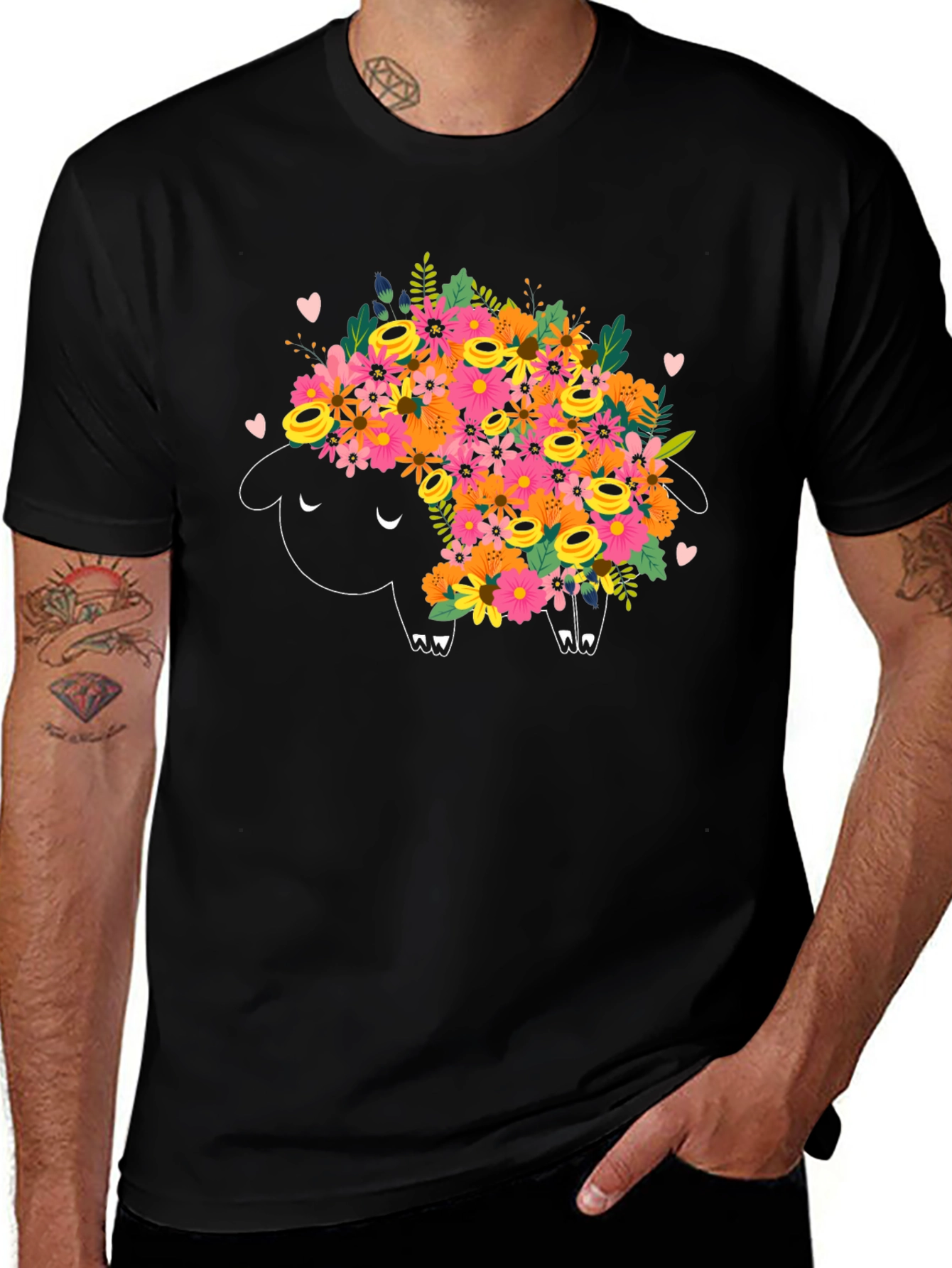 Variant 24 of Floral Sheep Graphic Tee - Black Cotton T-Shirt