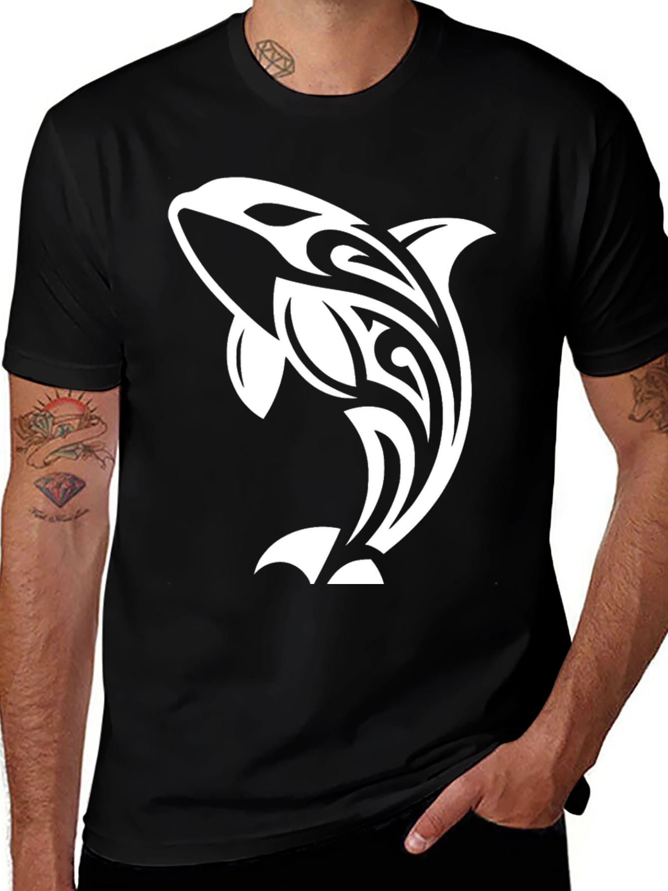 Black Orca Whale Tribal Design Black T-Shirt main image