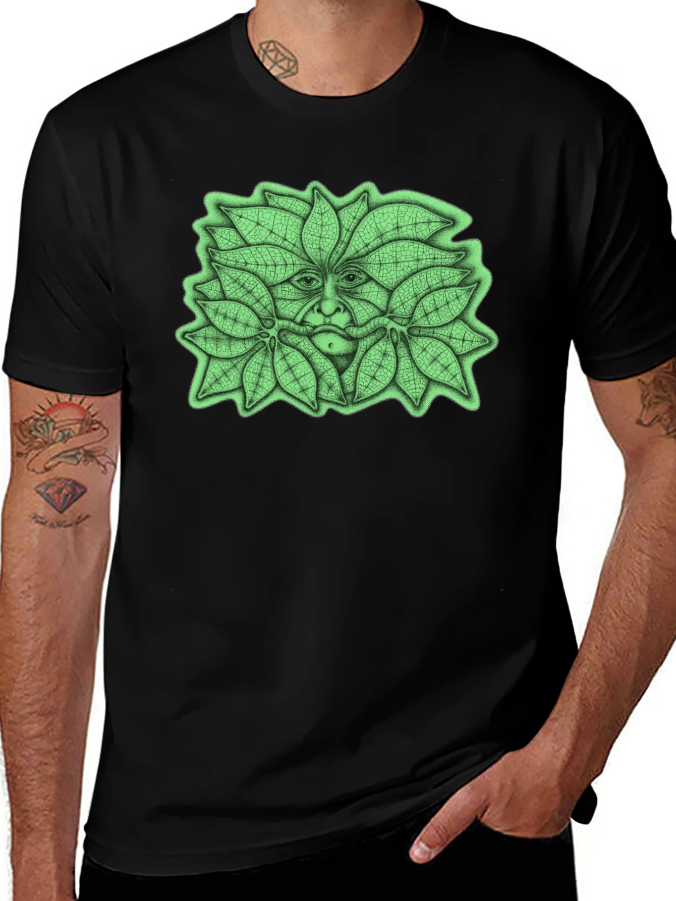 Green Man Leaf Face Graphic T-Shirt - Nature Inspired Tee