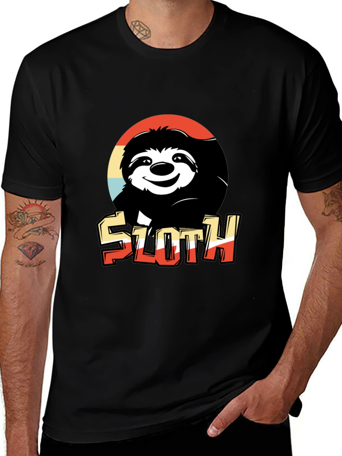 Variant 26 of Retro Sloth Graphic T-Shirt - Men's Black Crew Neck