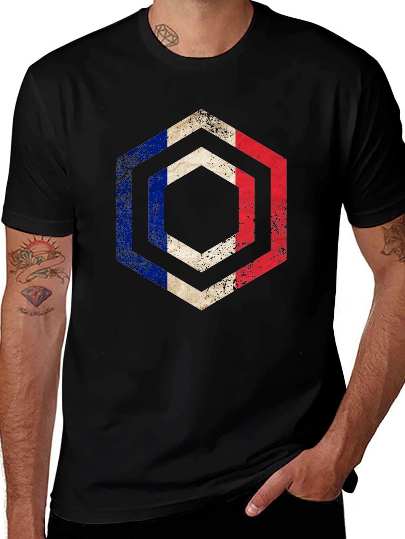 Variant 27 of French Flag Hexagon Graphic Tee - Distressed Print