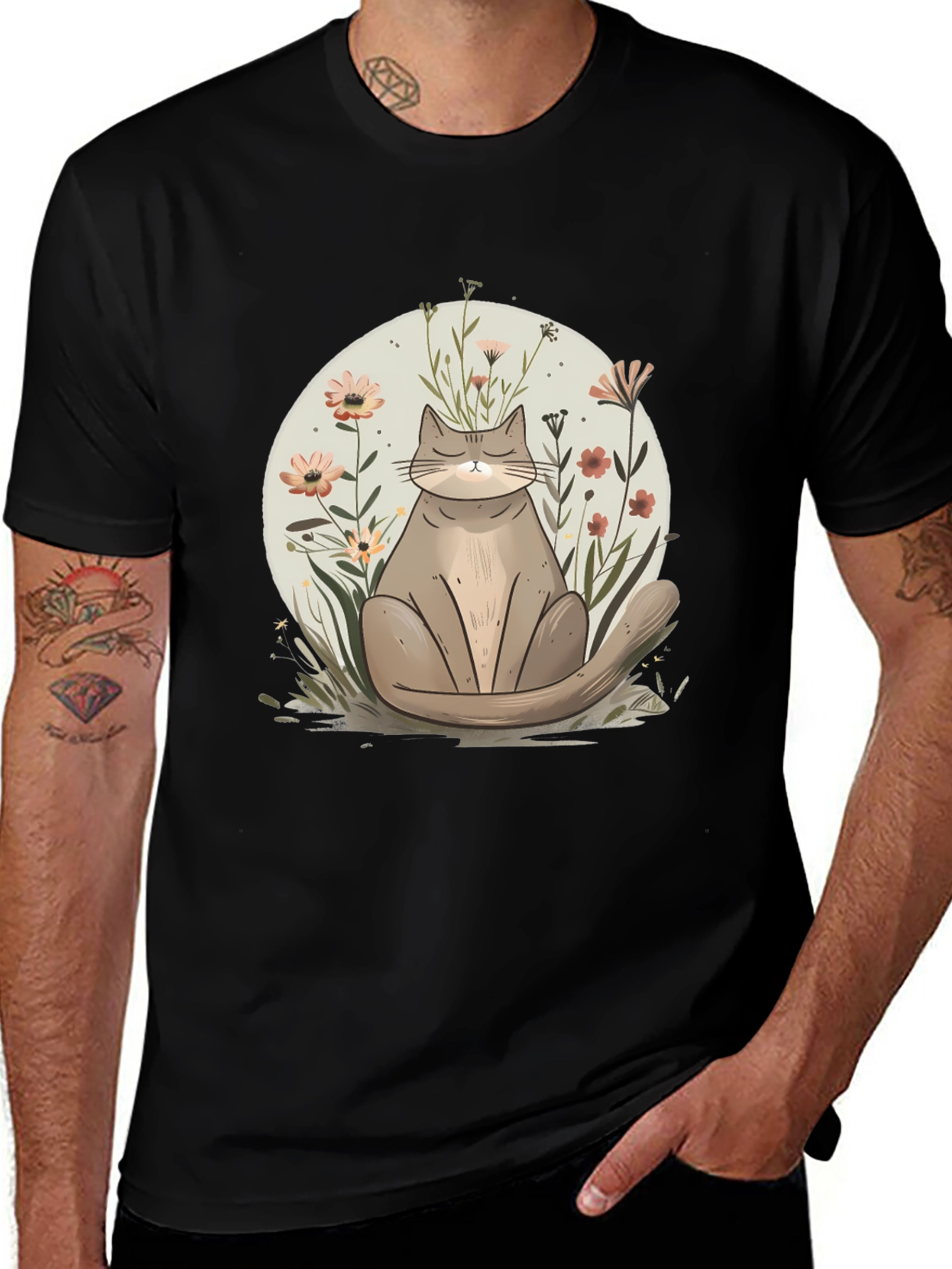 Variant 27 of Cat & Flowers Graphic T-Shirt - Unisex Soft Cotton Blend
