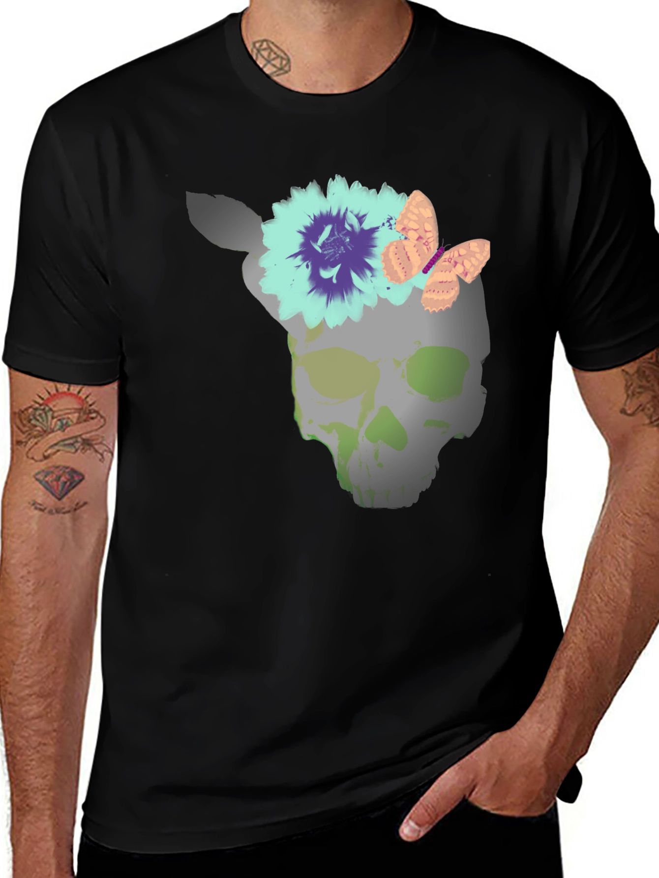 Variant 8 of Skull, Butterfly, and Flower Graphic Tee