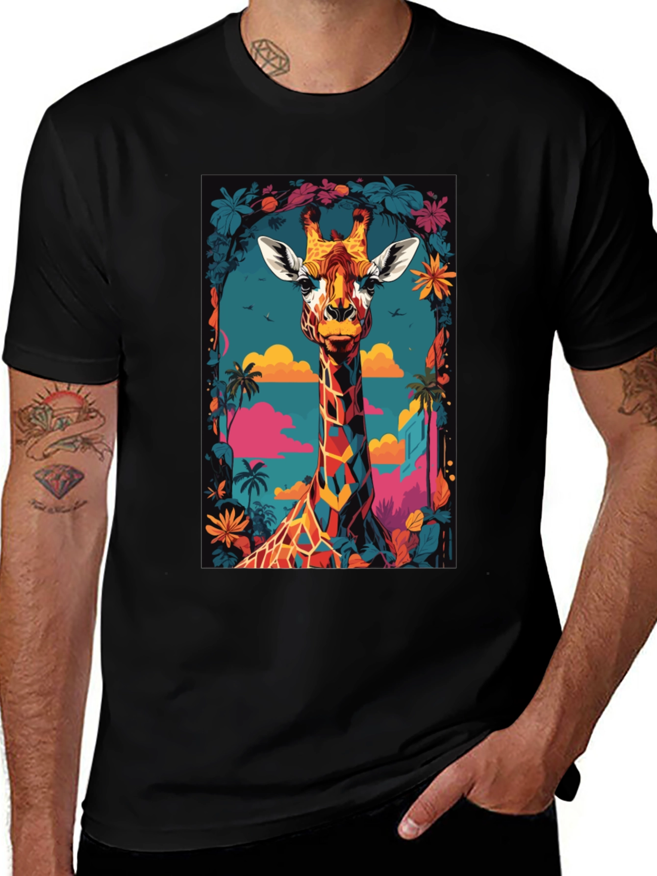 Variant 27 of Cool Giraffe Graphic Print Black T-Shirt
