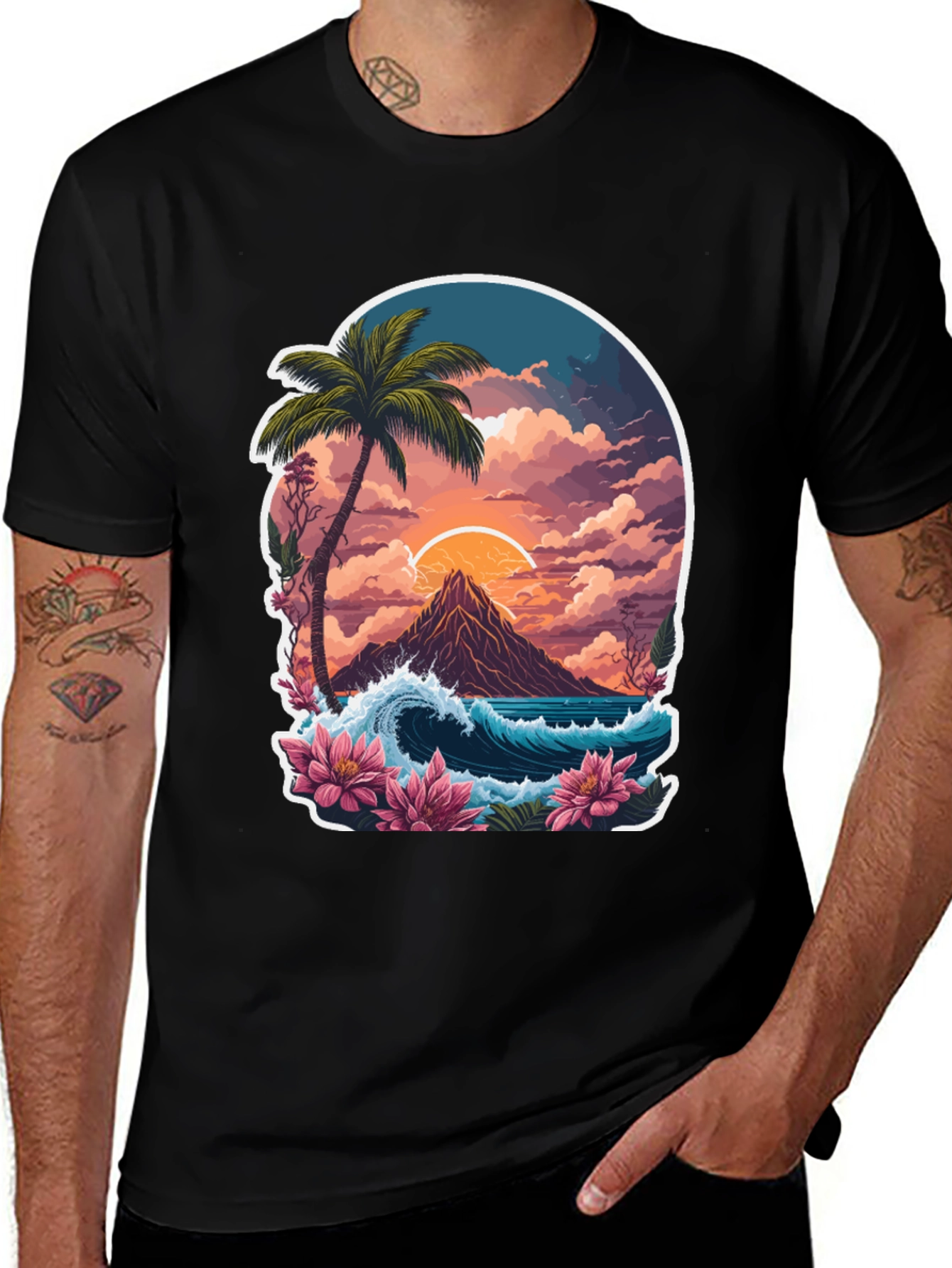 Tropical Island T-Shirt: Sunset & Waves