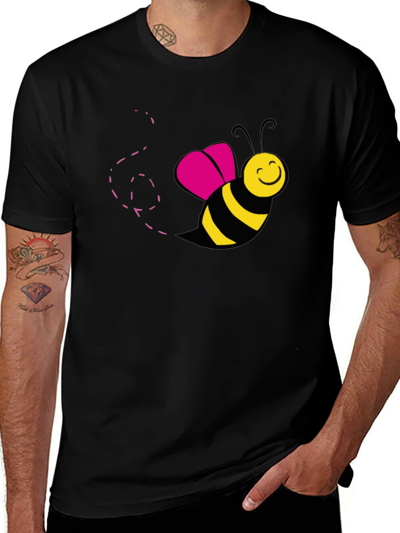 Variant 20 of Bee Happy Graphic T-Shirt - Black Cotton Tee