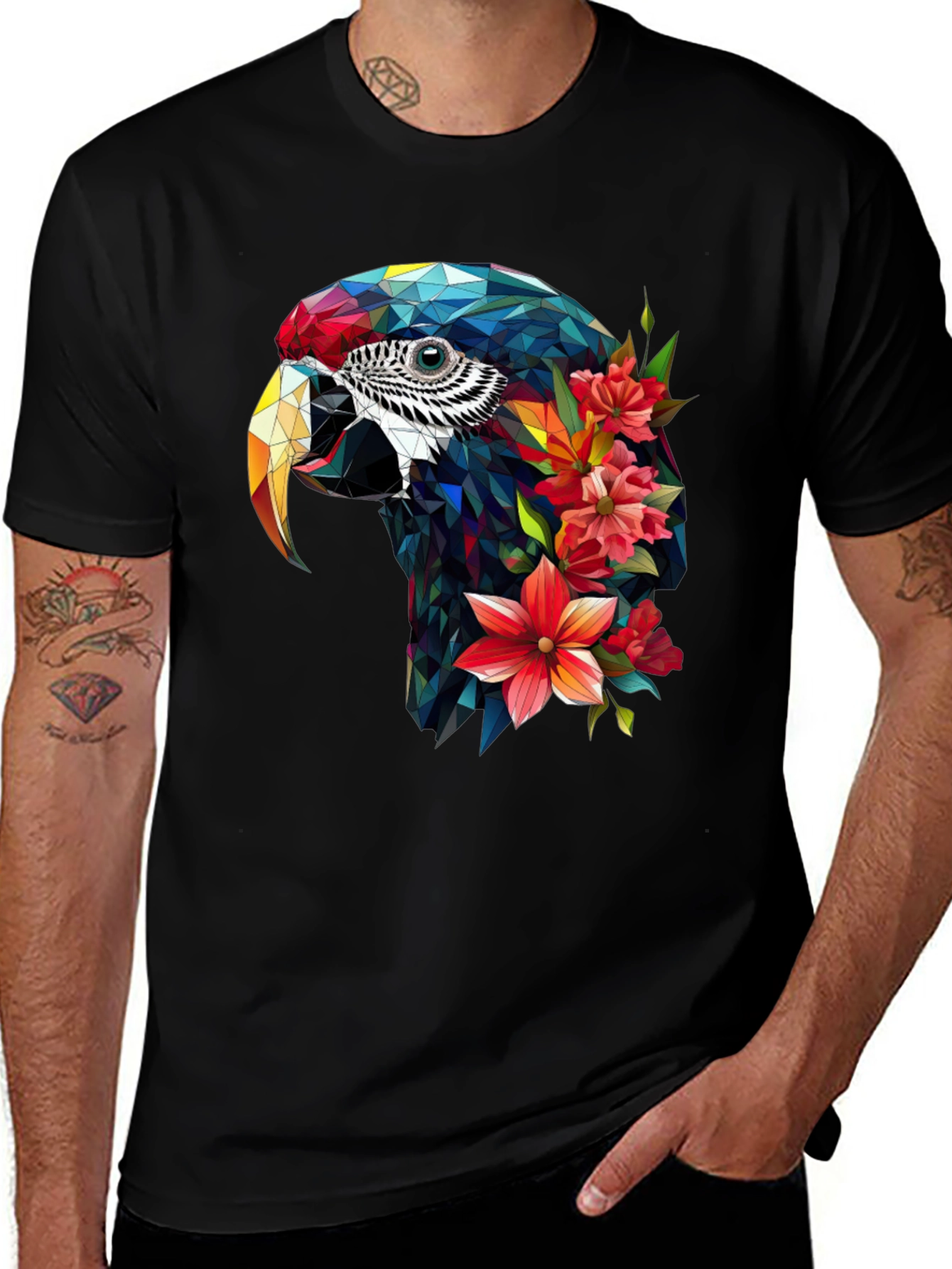 Variant 5 of Geometric Parrot Floral T-Shirt - Unique Graphic Tee