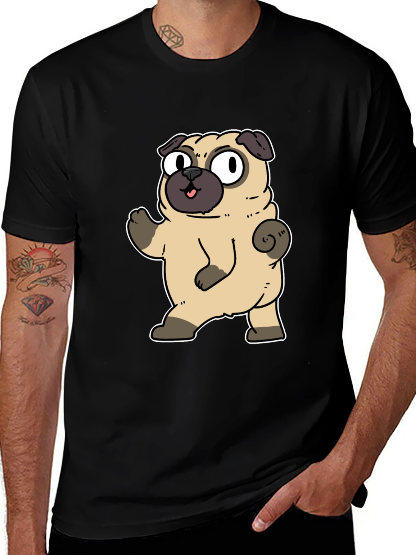Variant 12 of Cartoon Pug Graphic Tee - Unique Men's Black T-Shirt