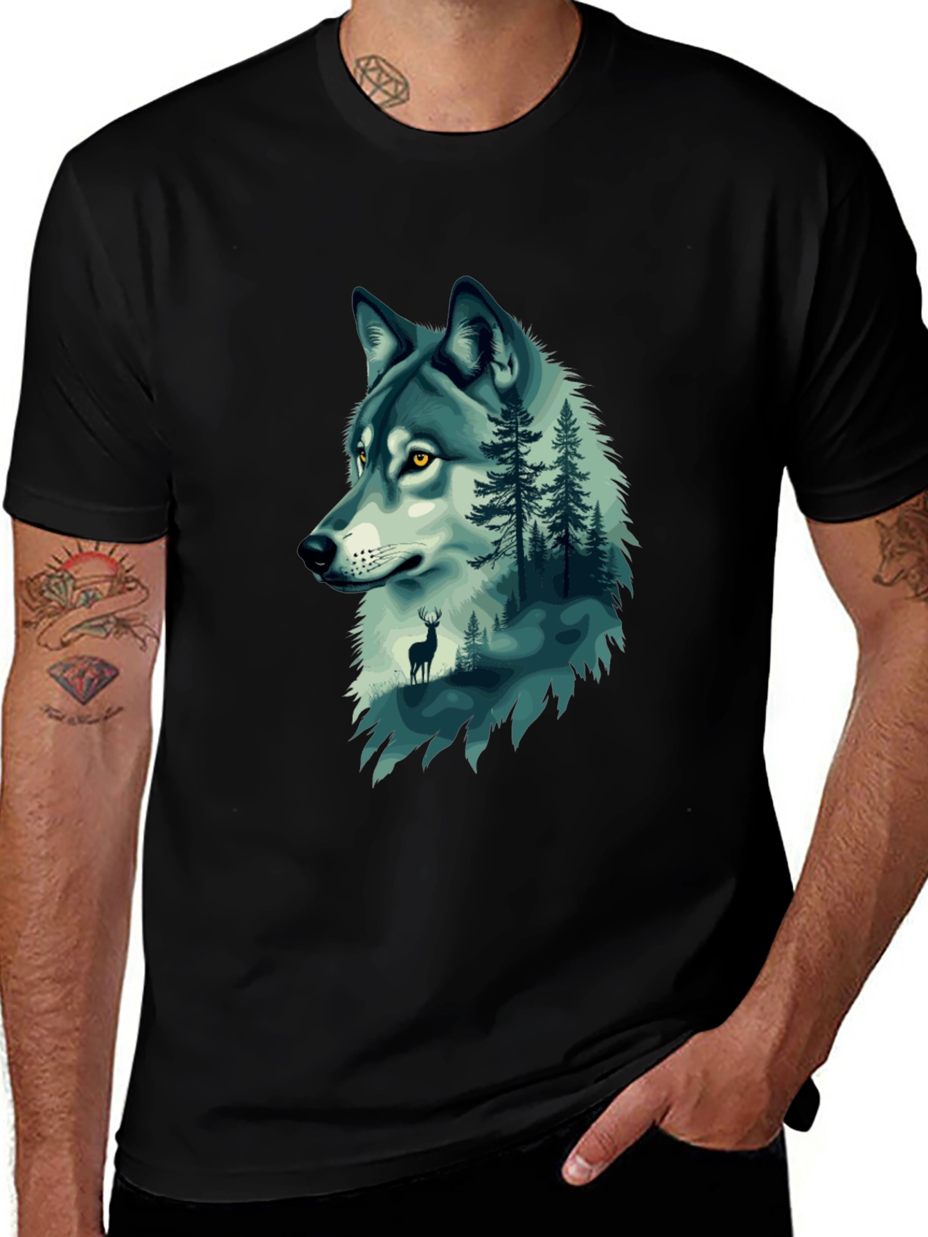 Variant 23 of Wolf & Forest Graphic Tee - Nature Lover's Black T-Shirt