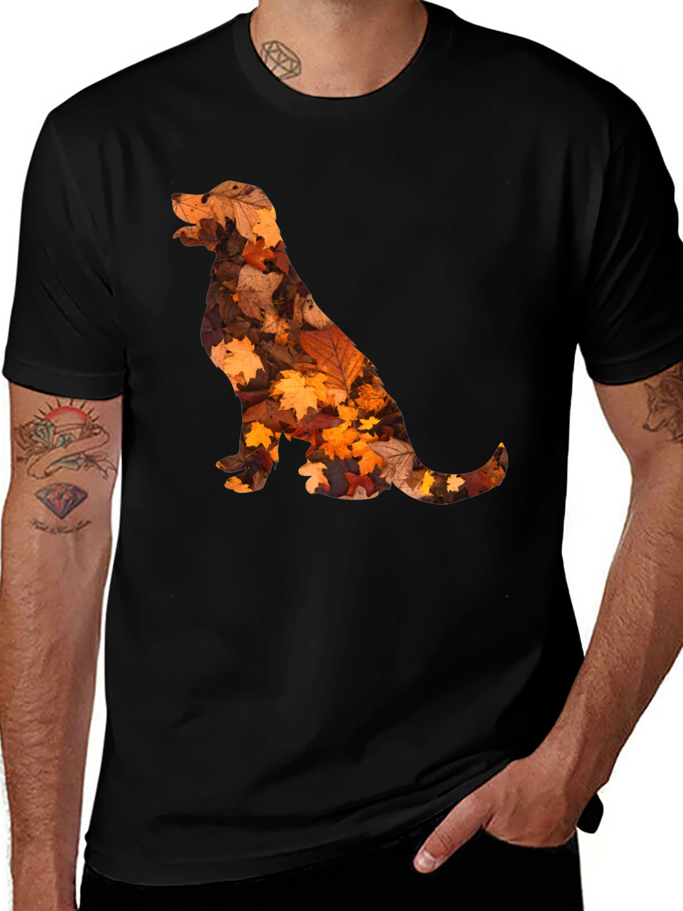 Fall Leaves Dog Silhouette Black Graphic Tee