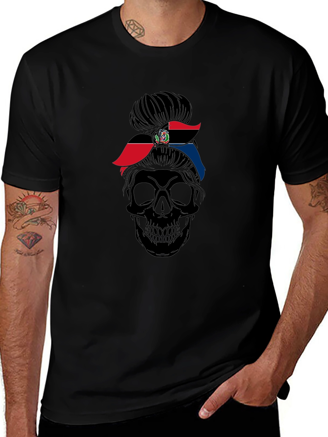 Variant 23 of Dominican Republic Skull Messy Bun T-Shirt