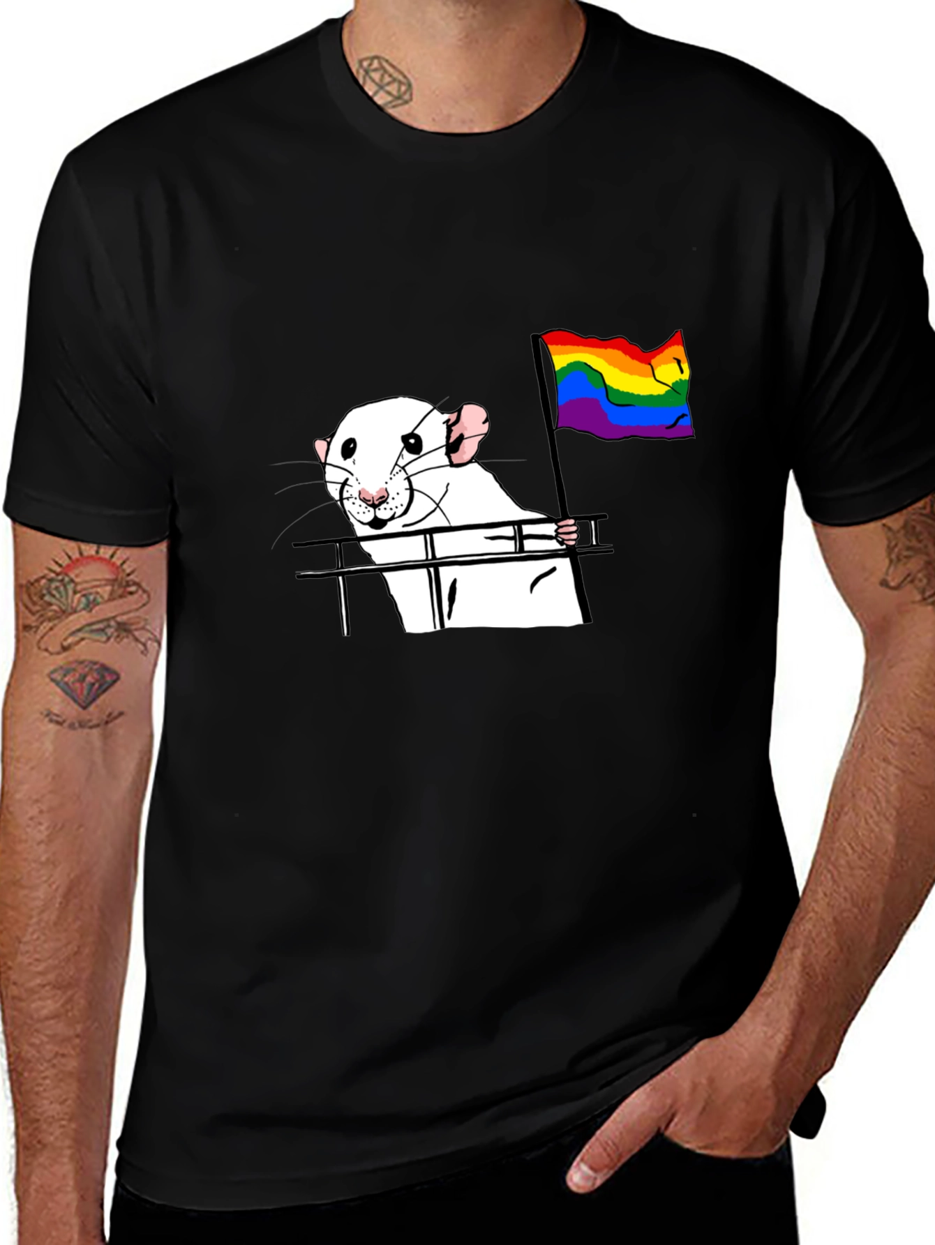 Variant 23 of Rat with Pride Flag T-Shirt - Black