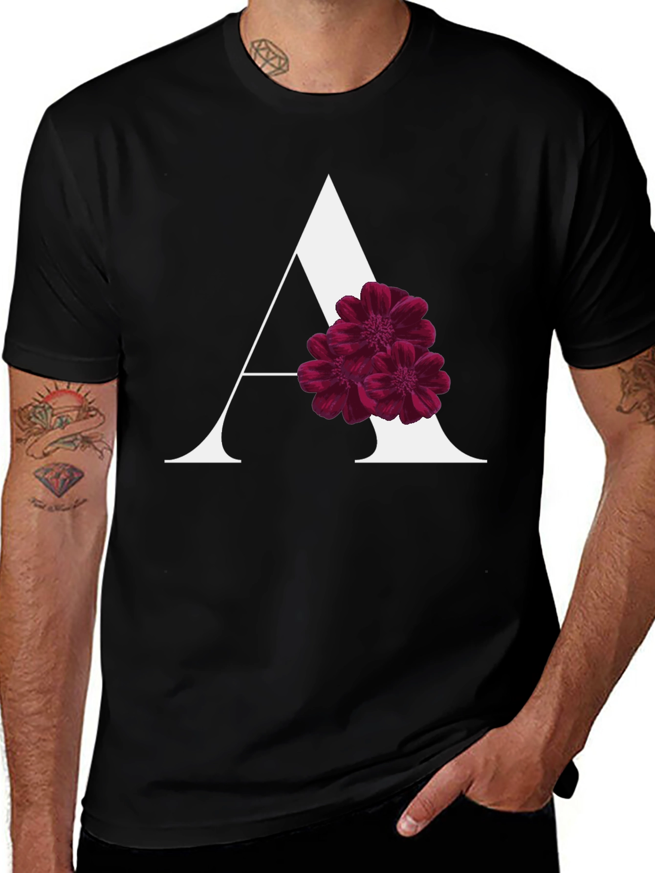 Variant 5 of Letter A Floral Graphic Black Tee