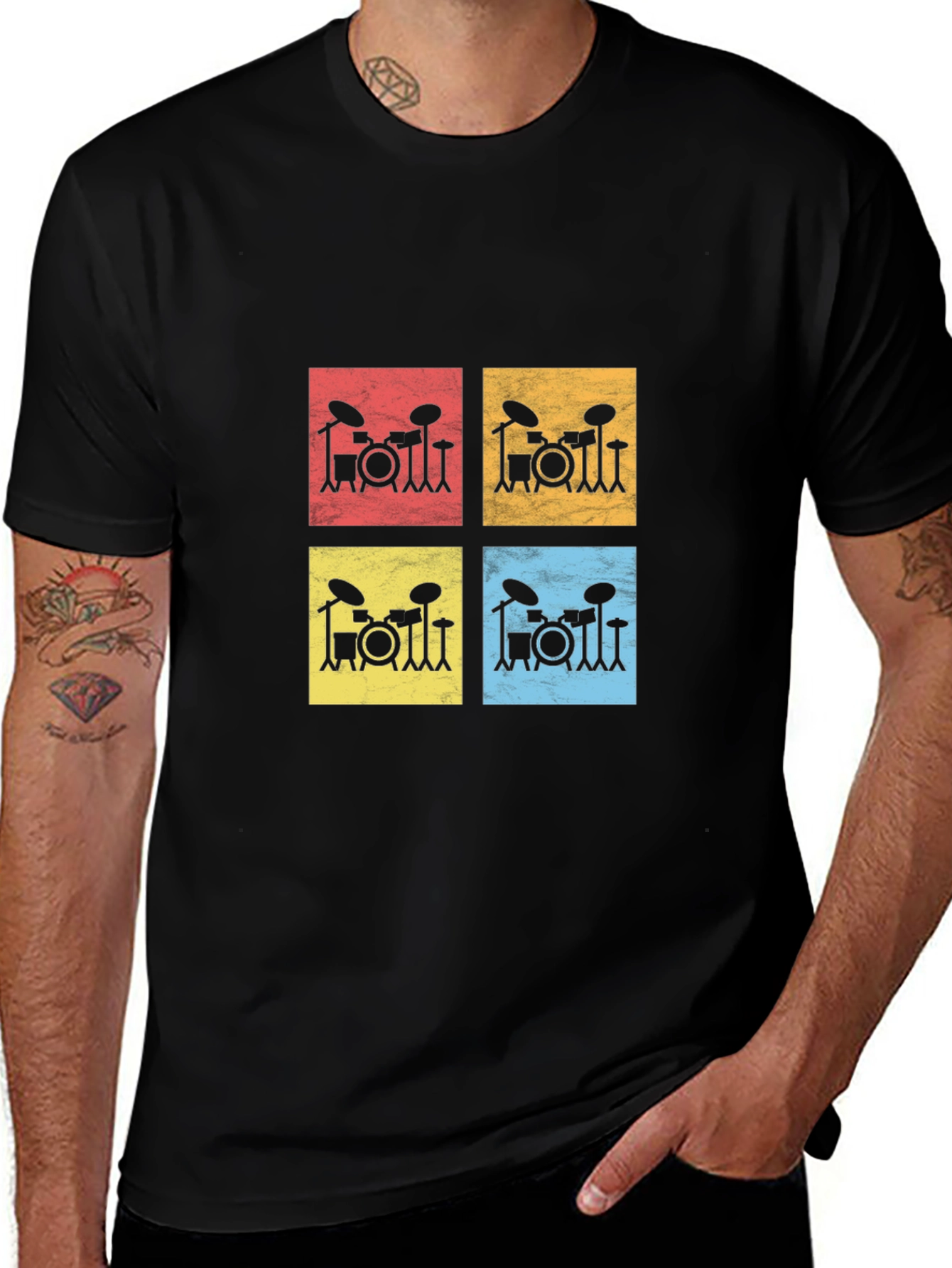 Variant 5 of Drum Kit Pop Art Graphic Tee - Black Cotton T-Shirt