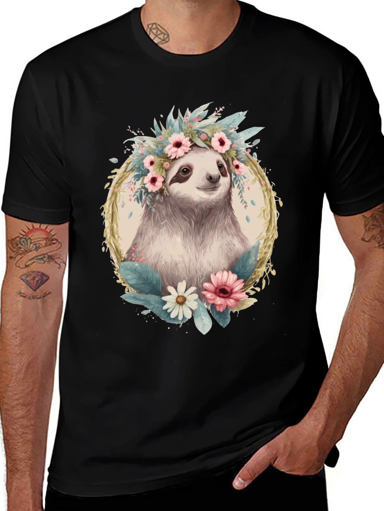 Variant 24 of Sloth Floral Crown T-Shirt - Relaxed Comfort