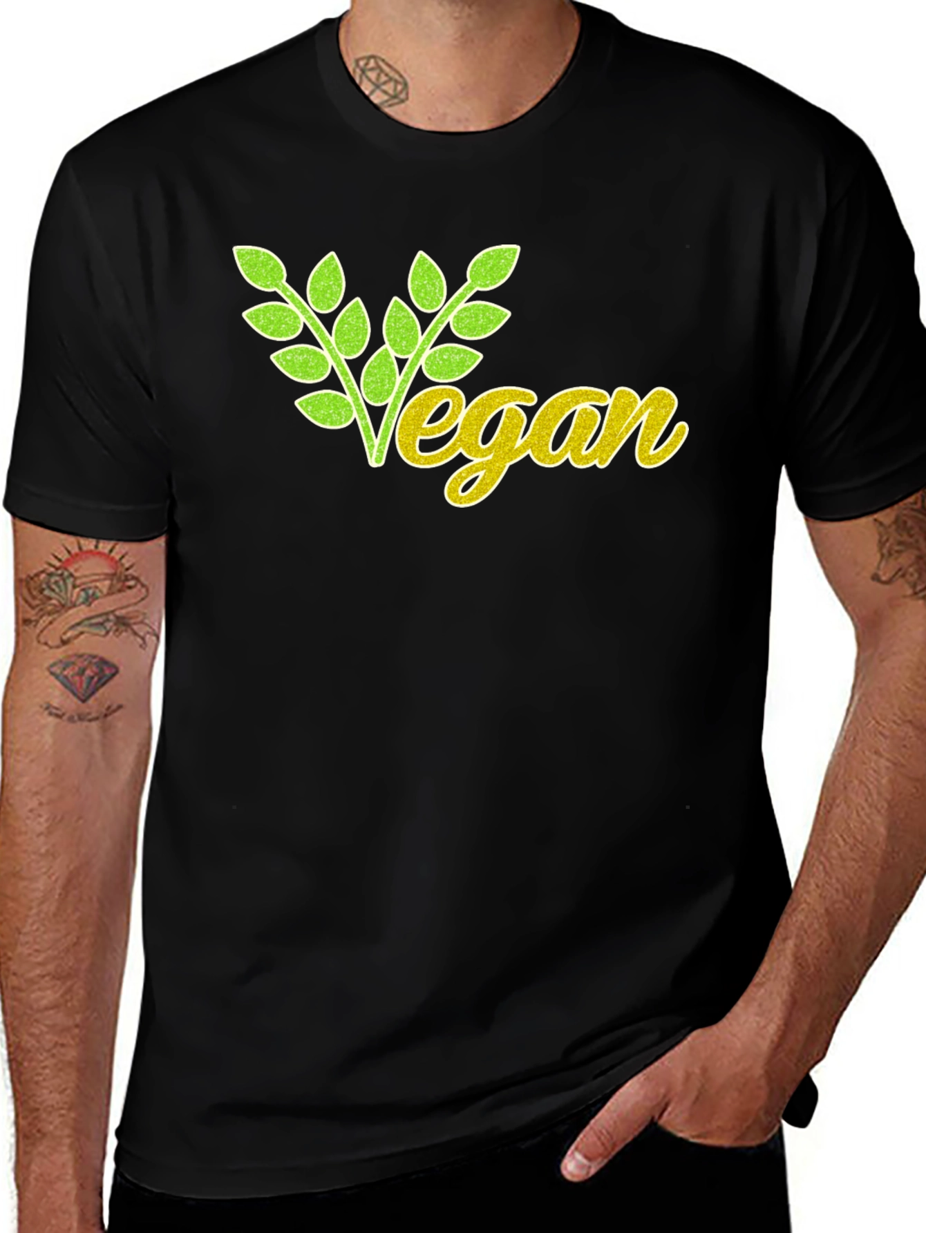 Variant 28 of Vegan T-Shirt: Green & Yellow Leaf Design, Black Cotton