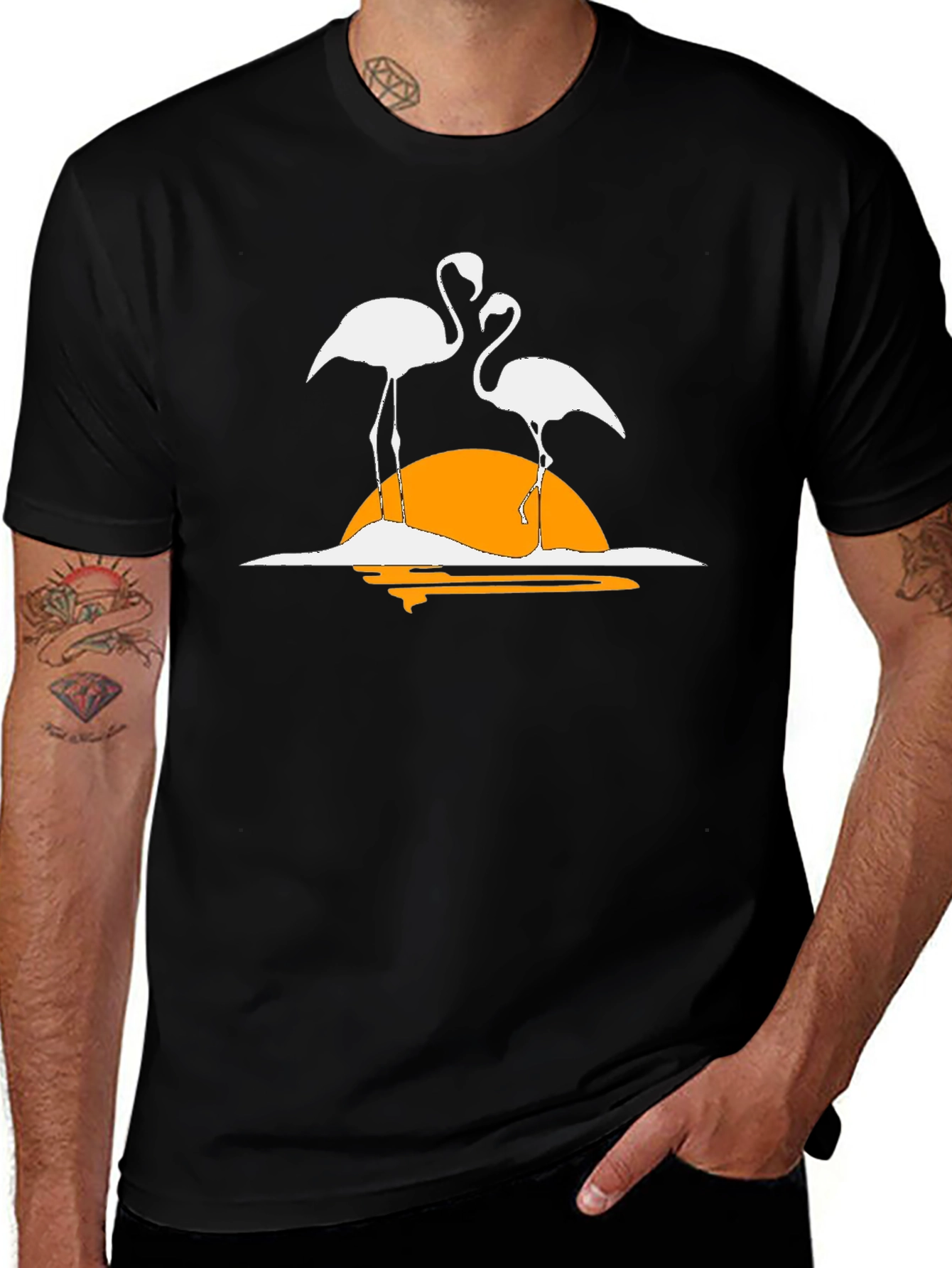 Flamingo Sunset Graphic Tee - Casual Black T-Shirt