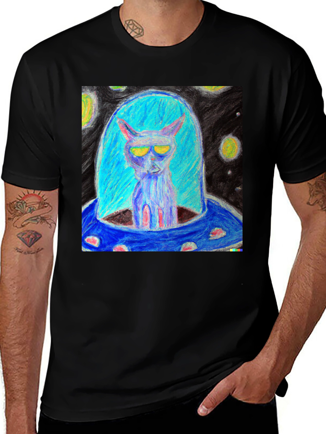 Variant 27 of Alien Cat UFO Graphic Tee - Black