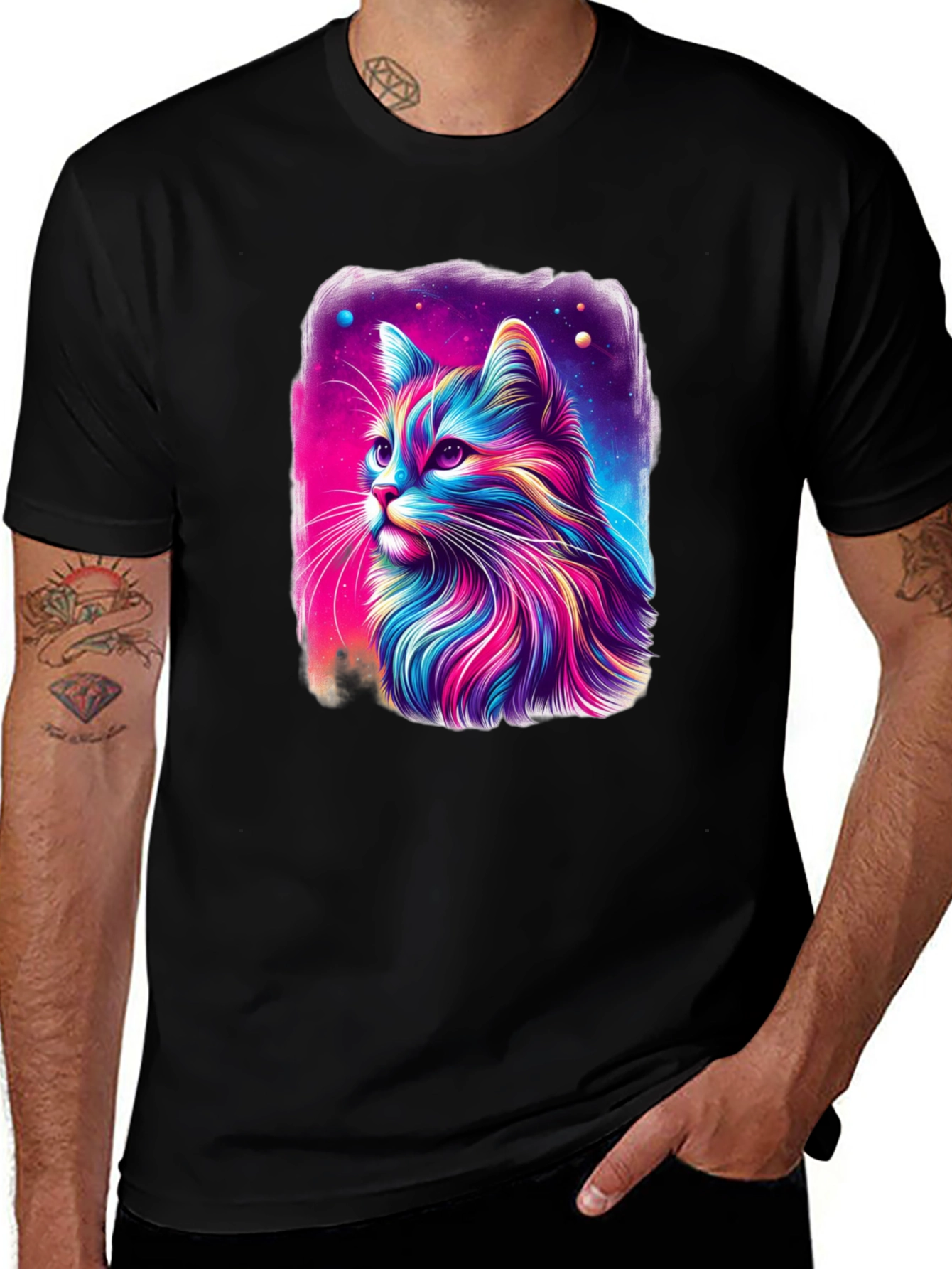 Variant 18 of Colorful Cat Graphic Black T-Shirt