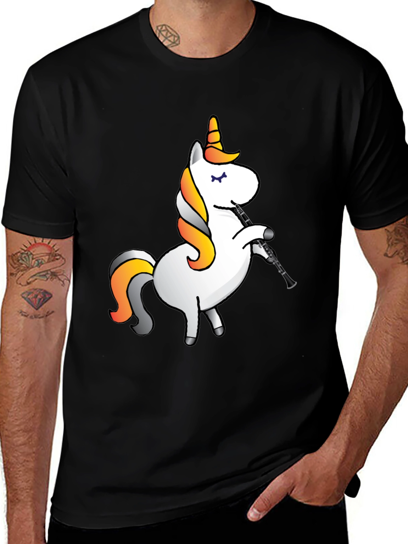Variant 15 of Unicorn Playing Clarinet Graphic Tee - Black Cotton Shirt