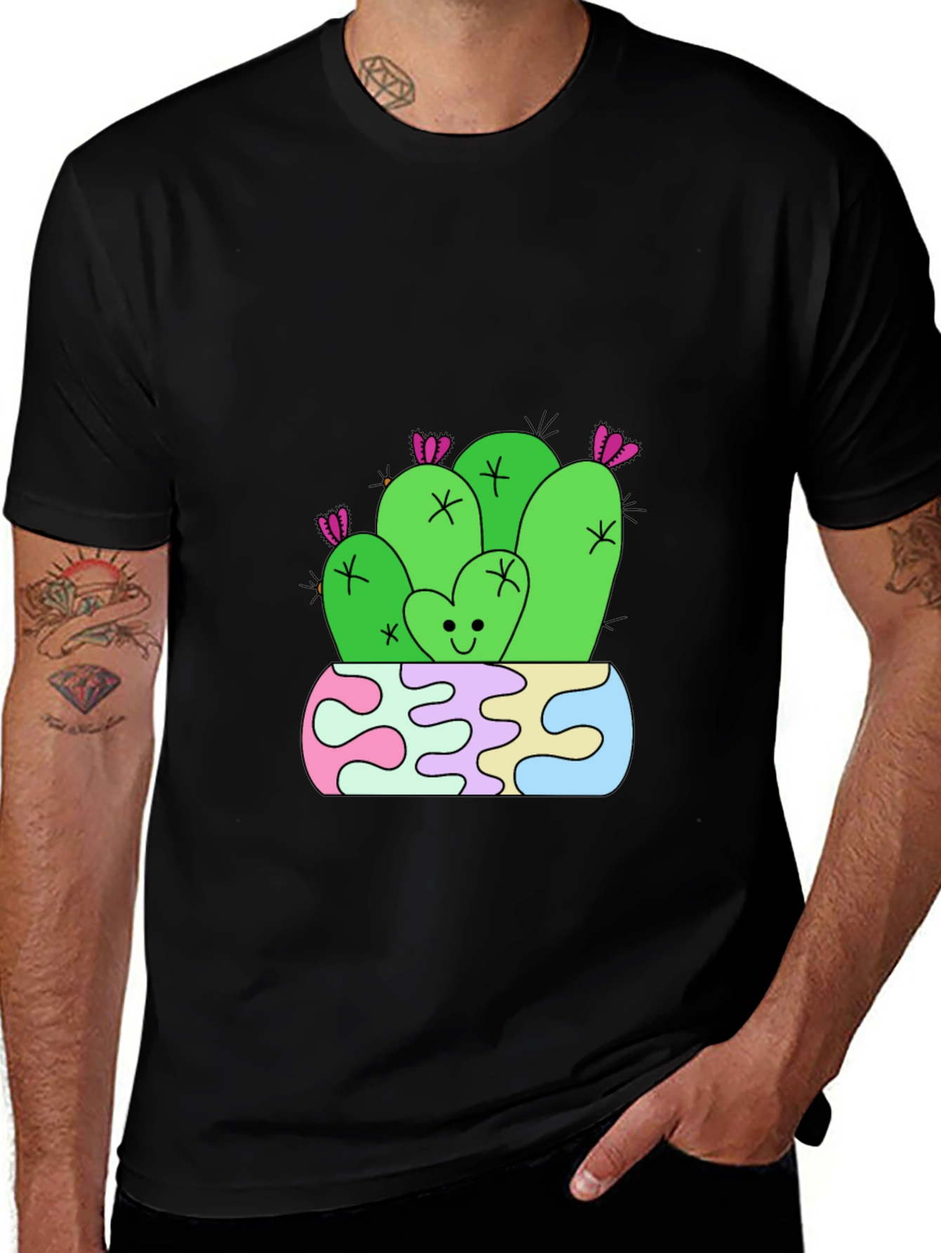 Variant 19 of Cute Cactus Graphic Tee - Black Cotton T-Shirt