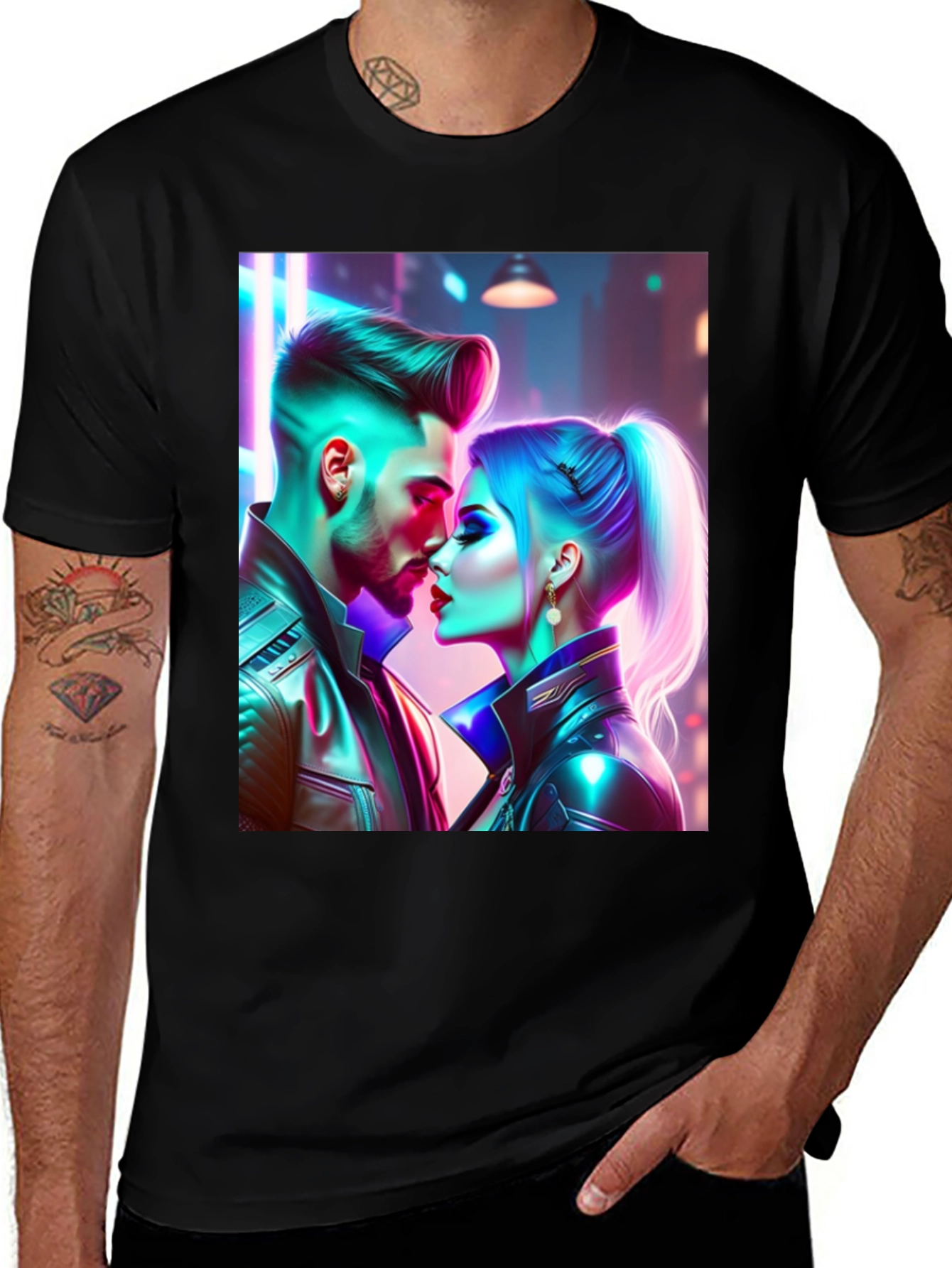 Variant 27 of Cyberpunk Couple Graphic Print Black T-Shirt