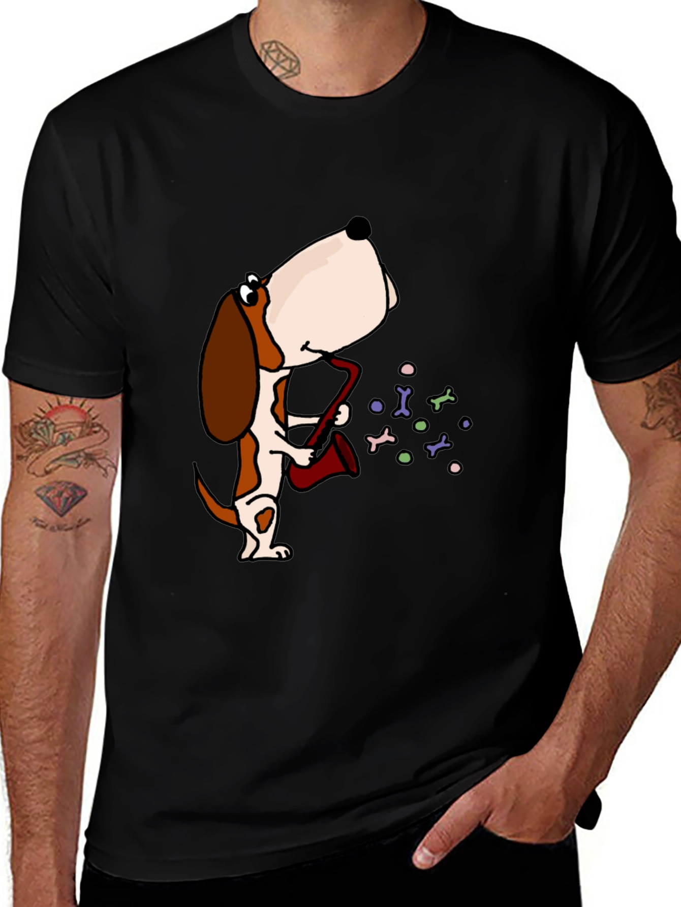 Variant 27 of Dog Saxophone Graphic Tee - Black Cotton T-Shirt