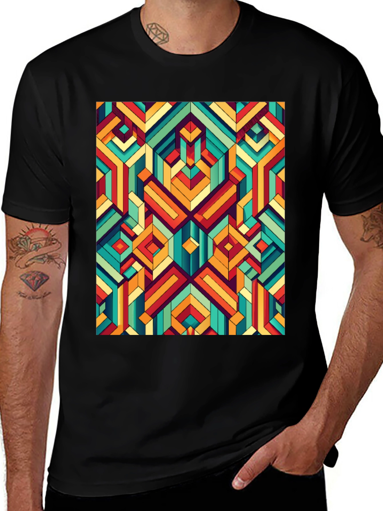 Variant 4 of Geometric Pattern Tee - Bold Design, Soft Cotton