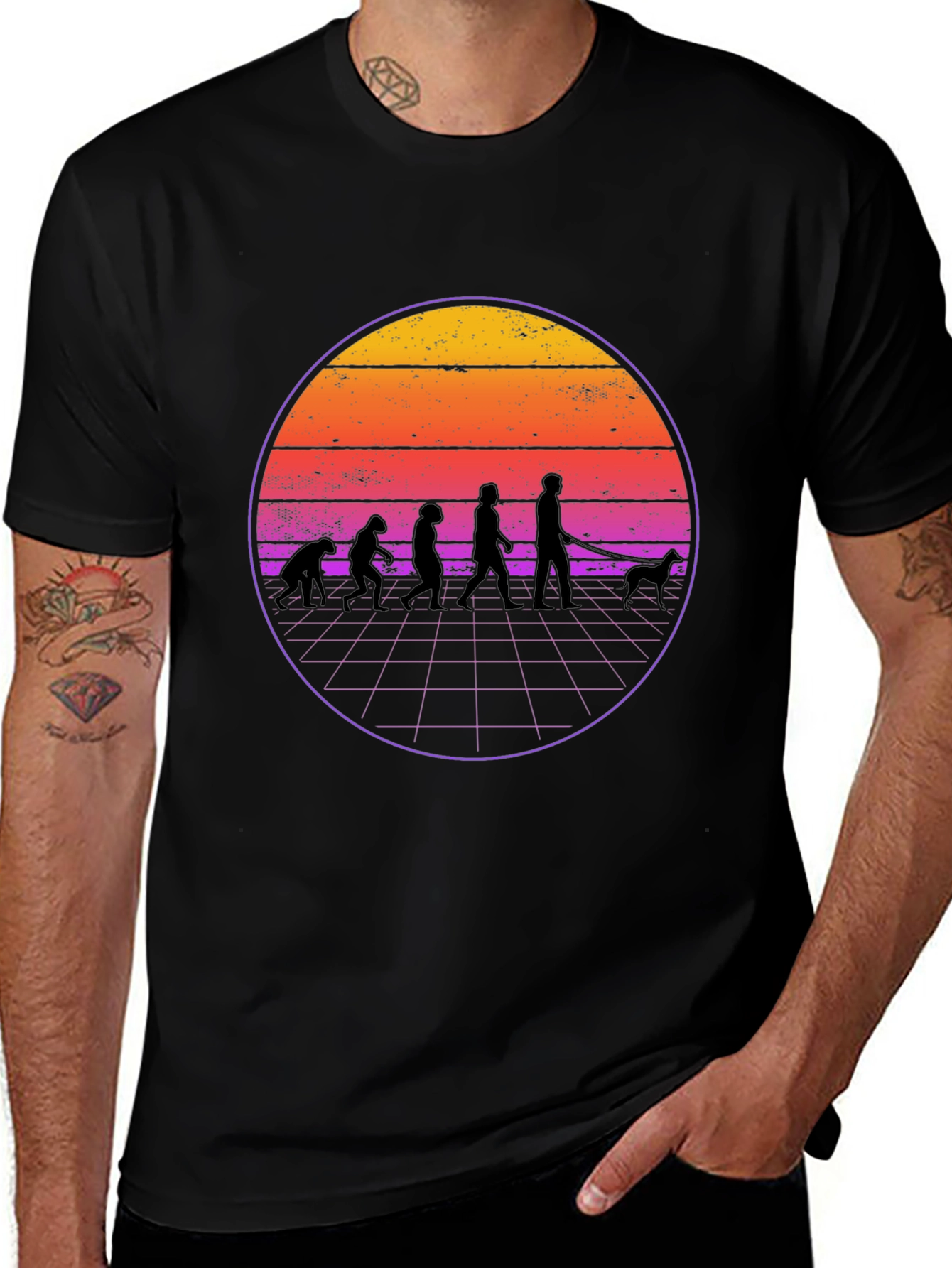 Variant 13 of Evolution Dog Walker T-Shirt Retro Sunset Design