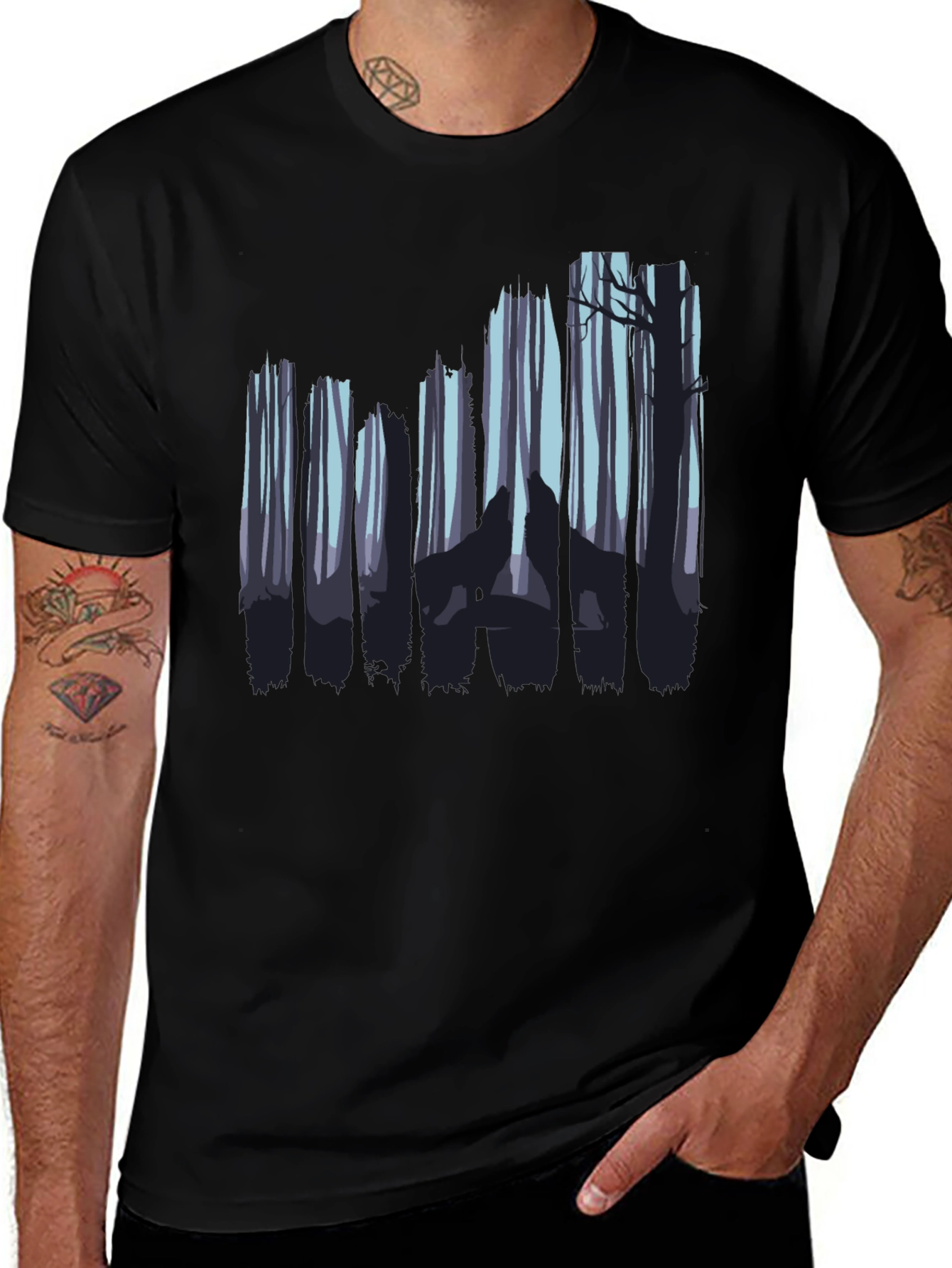 Variant 16 of Wolf Howl Forest Silhouette Black T-Shirt