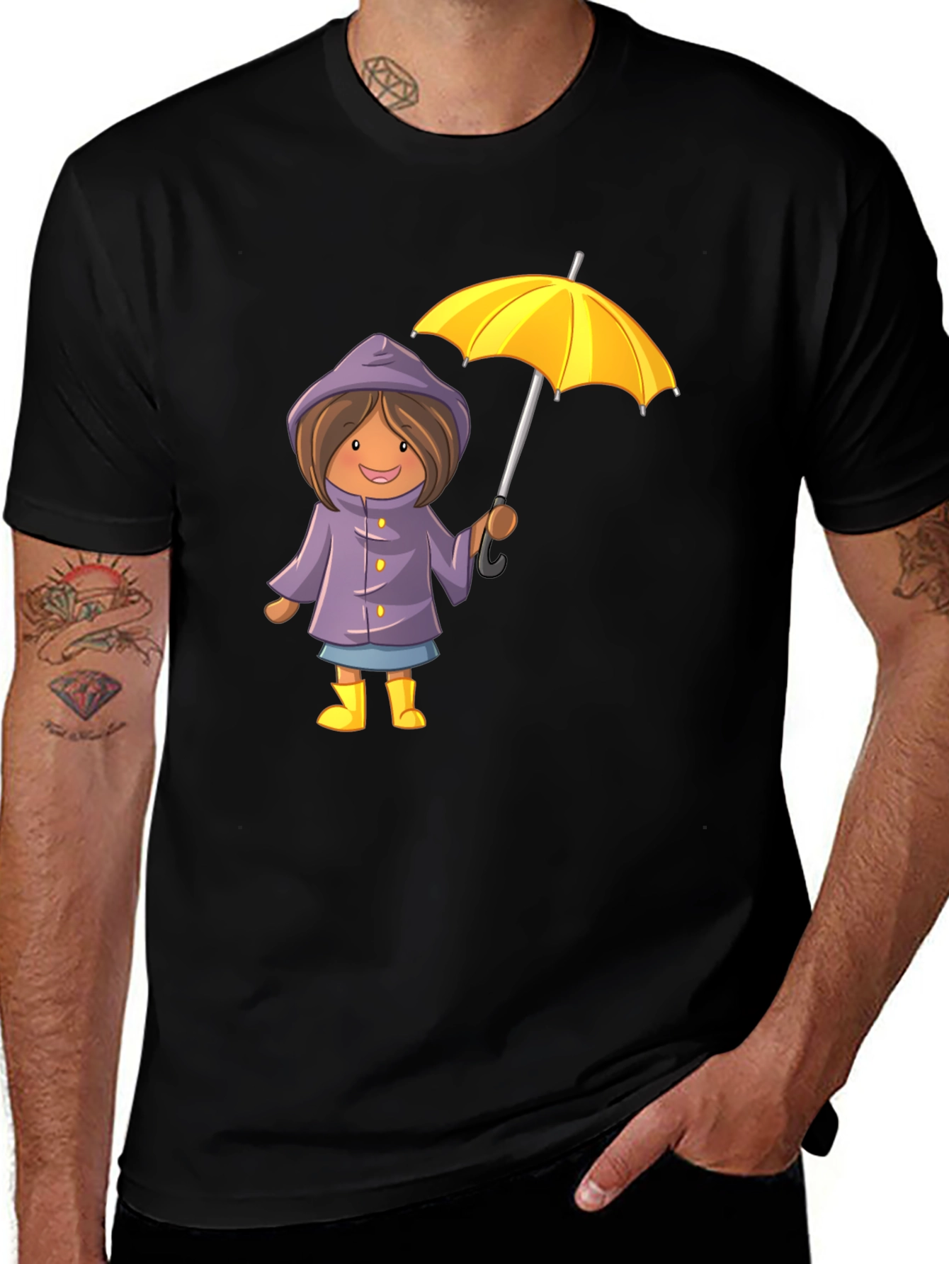 Variant 10 of Cartoon Girl with Umbrella Graphic Tee - Black