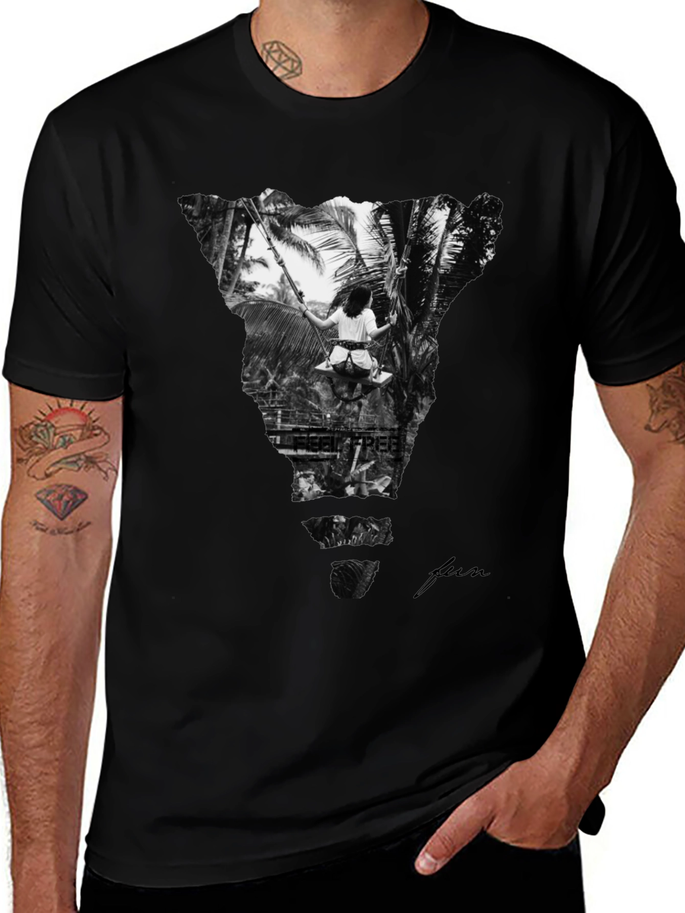 Stylish Black Graphic Tee: Tropical Swing Design