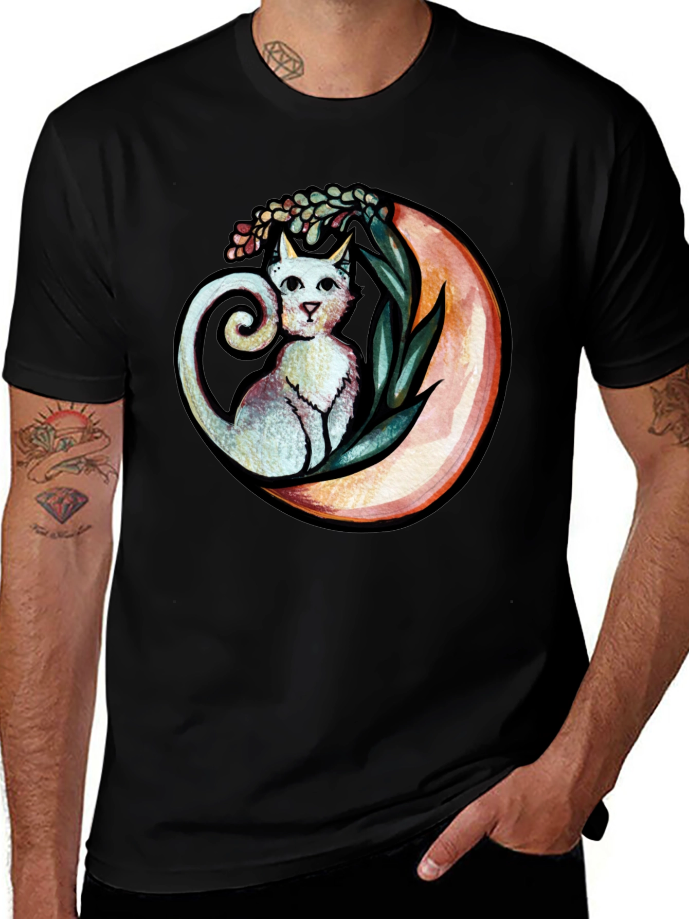 Variant 2 of Cat on Moon Graphic Tee - Whimsical Black T-Shirt