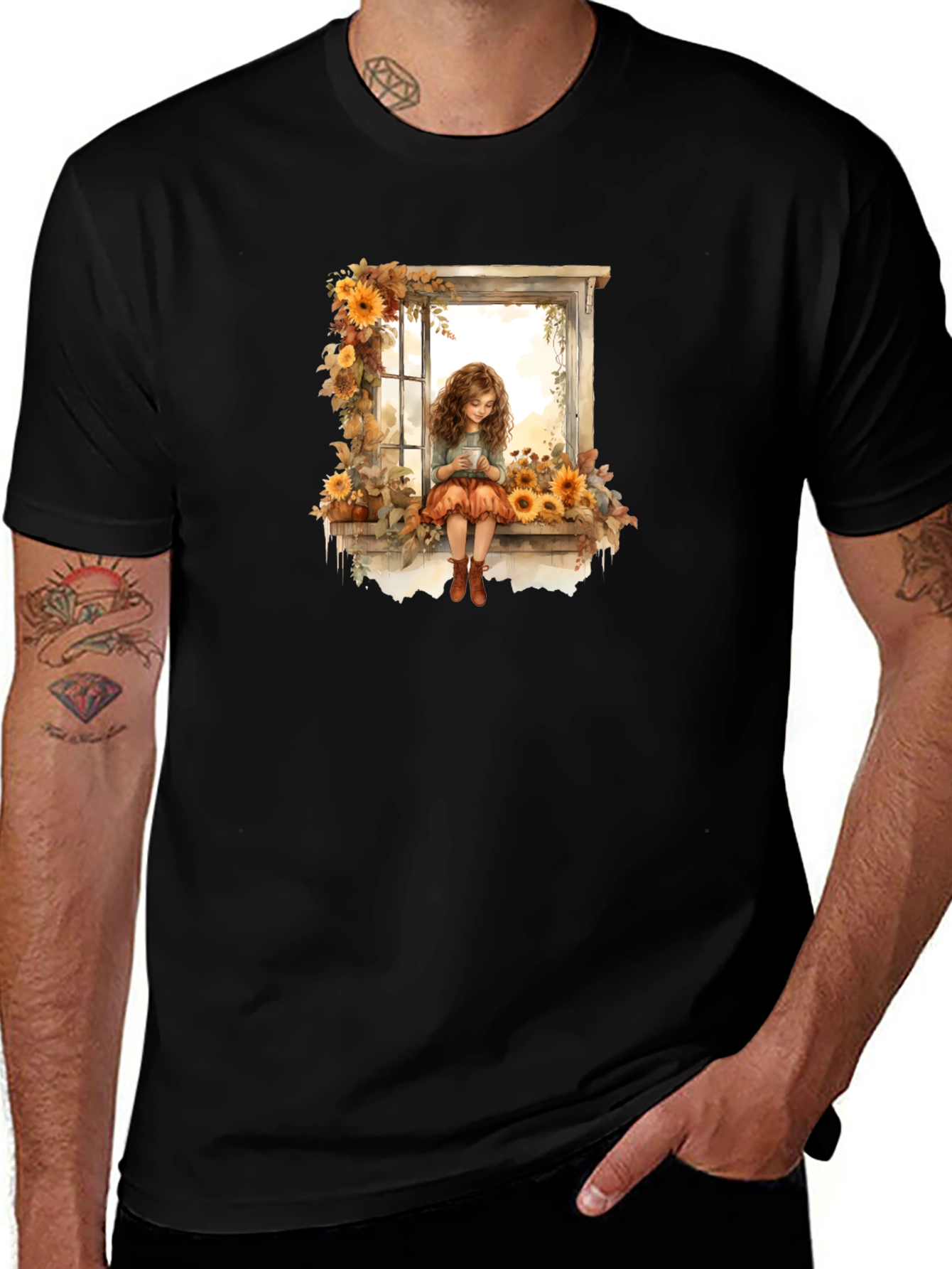 Variant 25 of Autumn Window T-Shirt - Girl with Sunflowers