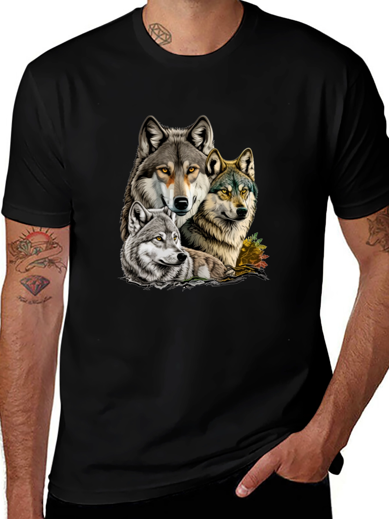 Variant 27 of Wolf Pack Graphic Tee - Black Cotton T-Shirt