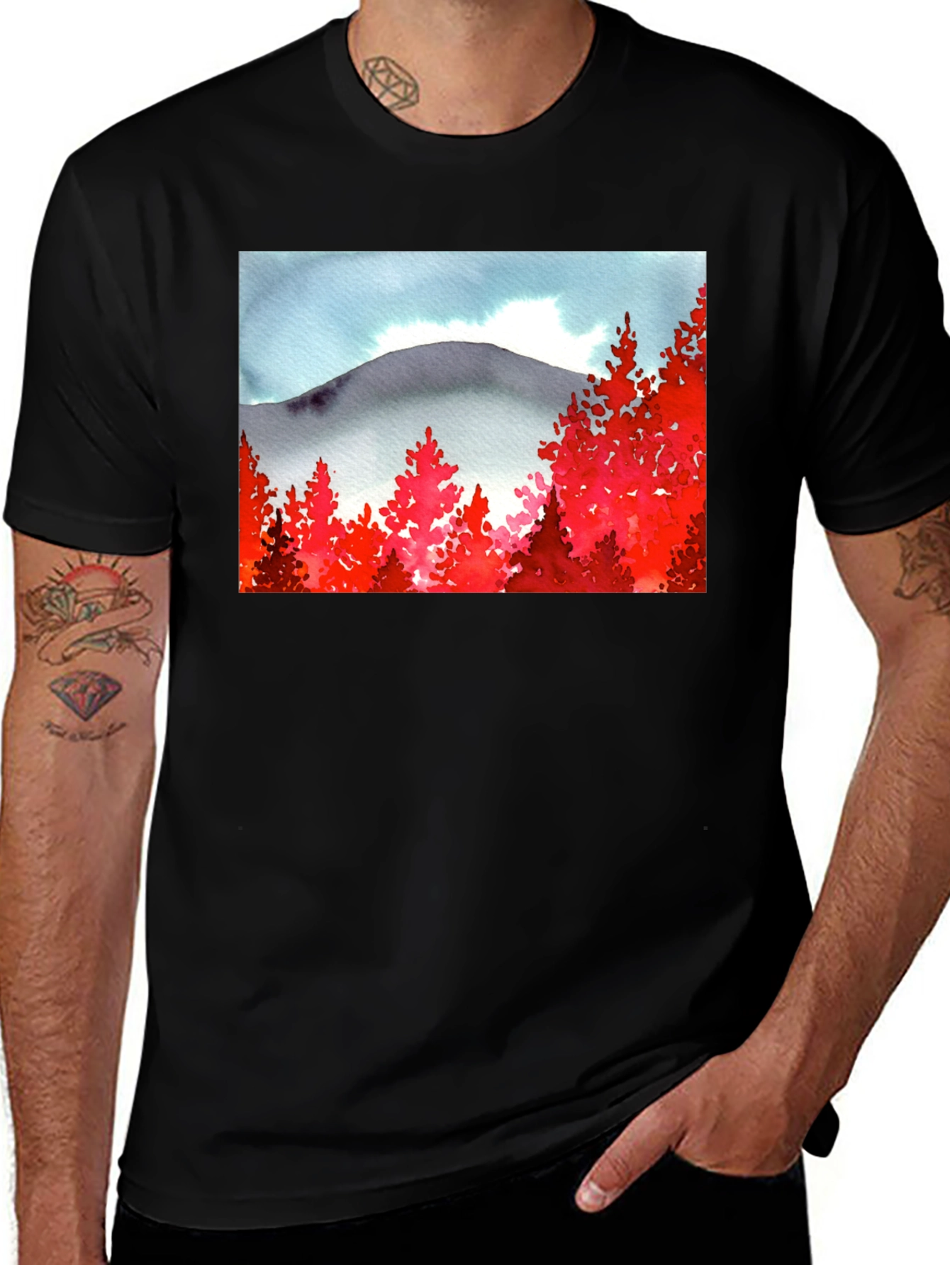 Variant 7 of Red Forest Mountain Watercolor T-Shirt