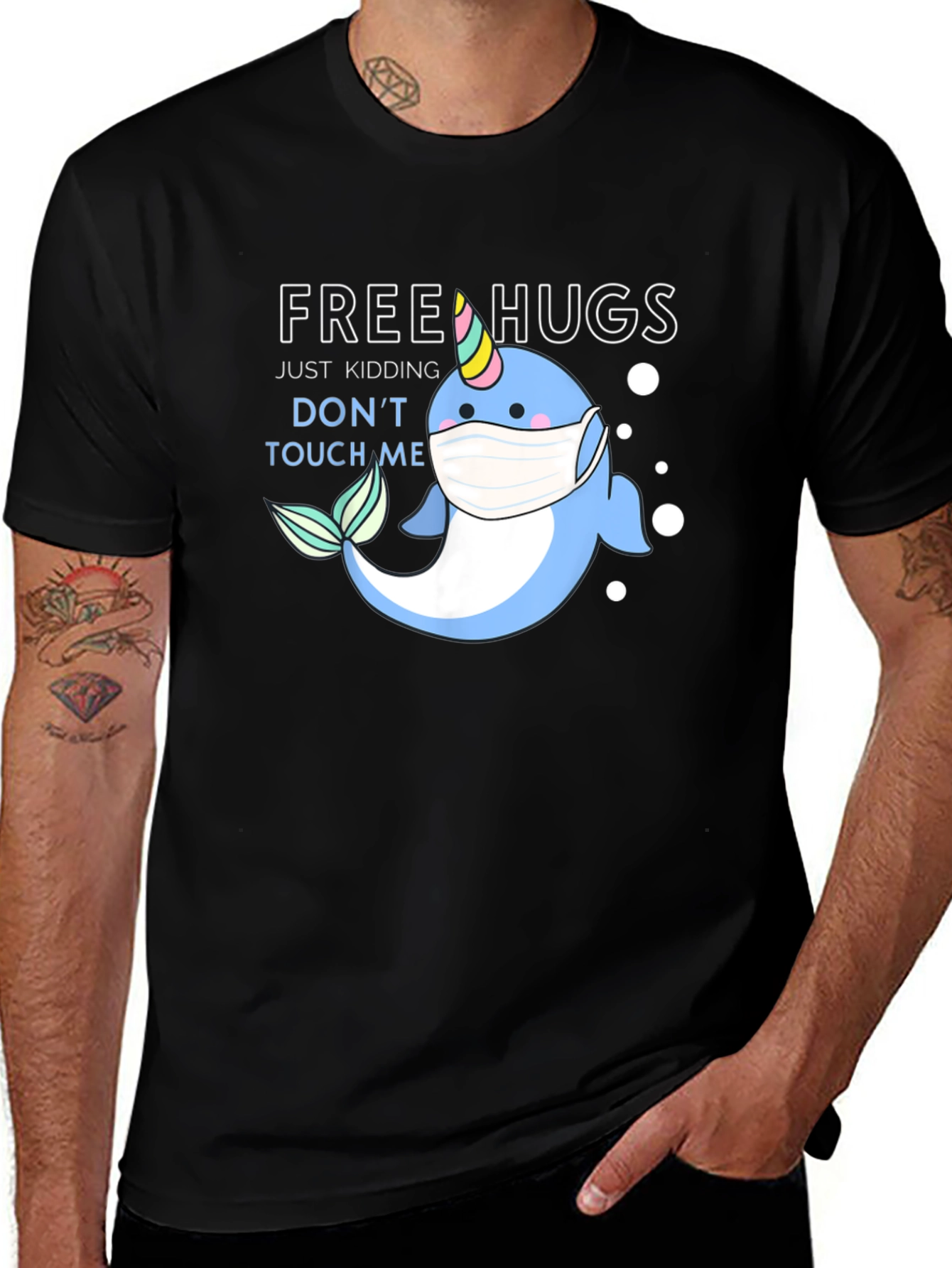 Variant 7 of Funny Narwhal Unicorn Mask T-Shirt - Free Hugs, Just Kidding