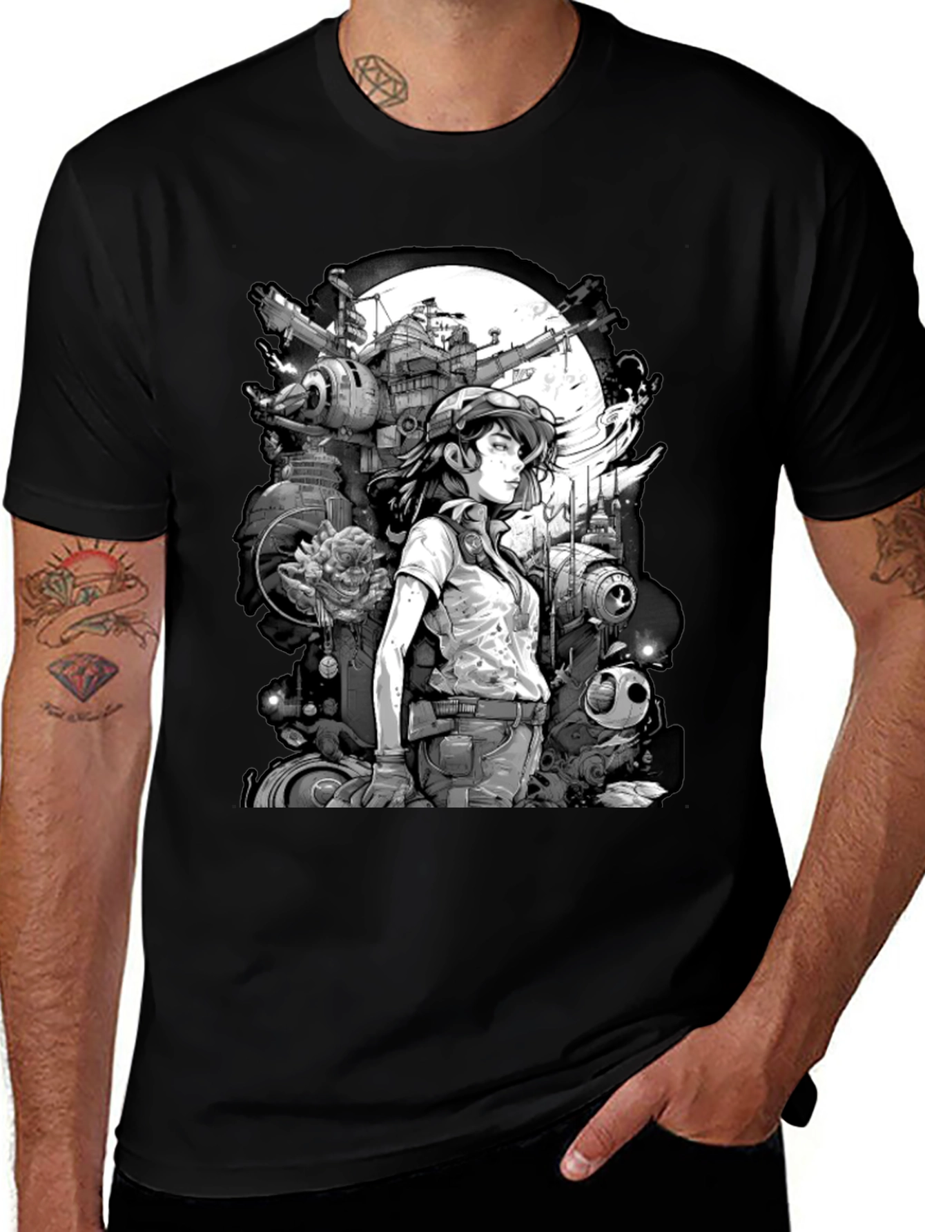 Variant 19 of Sci-Fi Anime Style Graphic Print Black T-Shirt